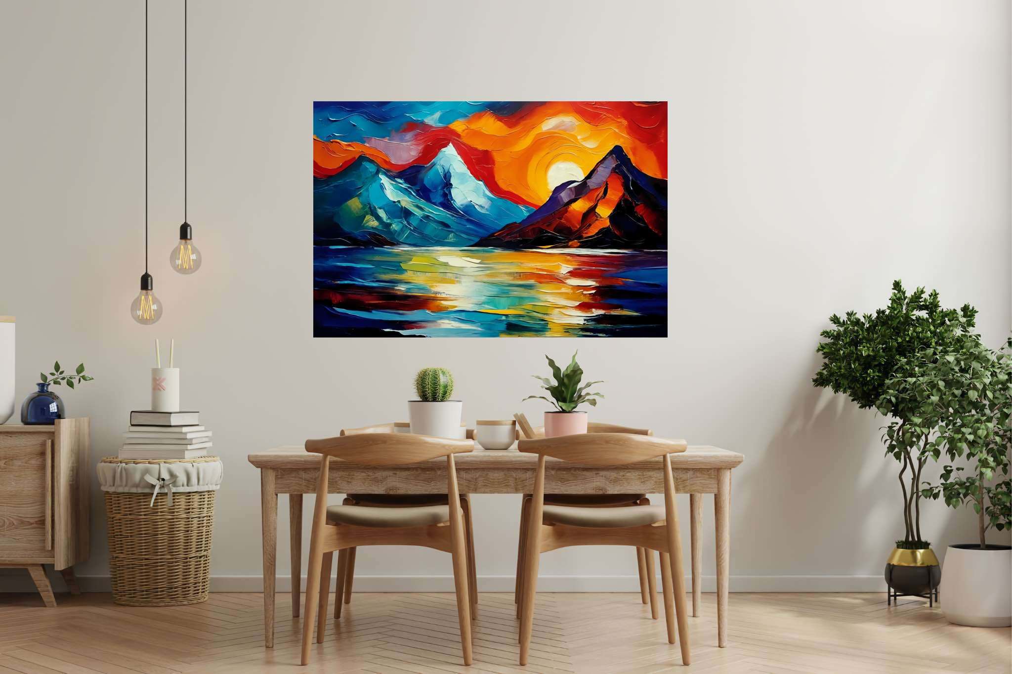 Chroma summit serenade: Vibrant landscape art with lively landscape artwork, in a room with elegant layout, framed art, and elegant home goods. The art can be printed on poster, framed poster, canvas, metal, acrylic or wood, exclusively at WallArtZen. Find this exact print at https://wallartzen.com/waz71