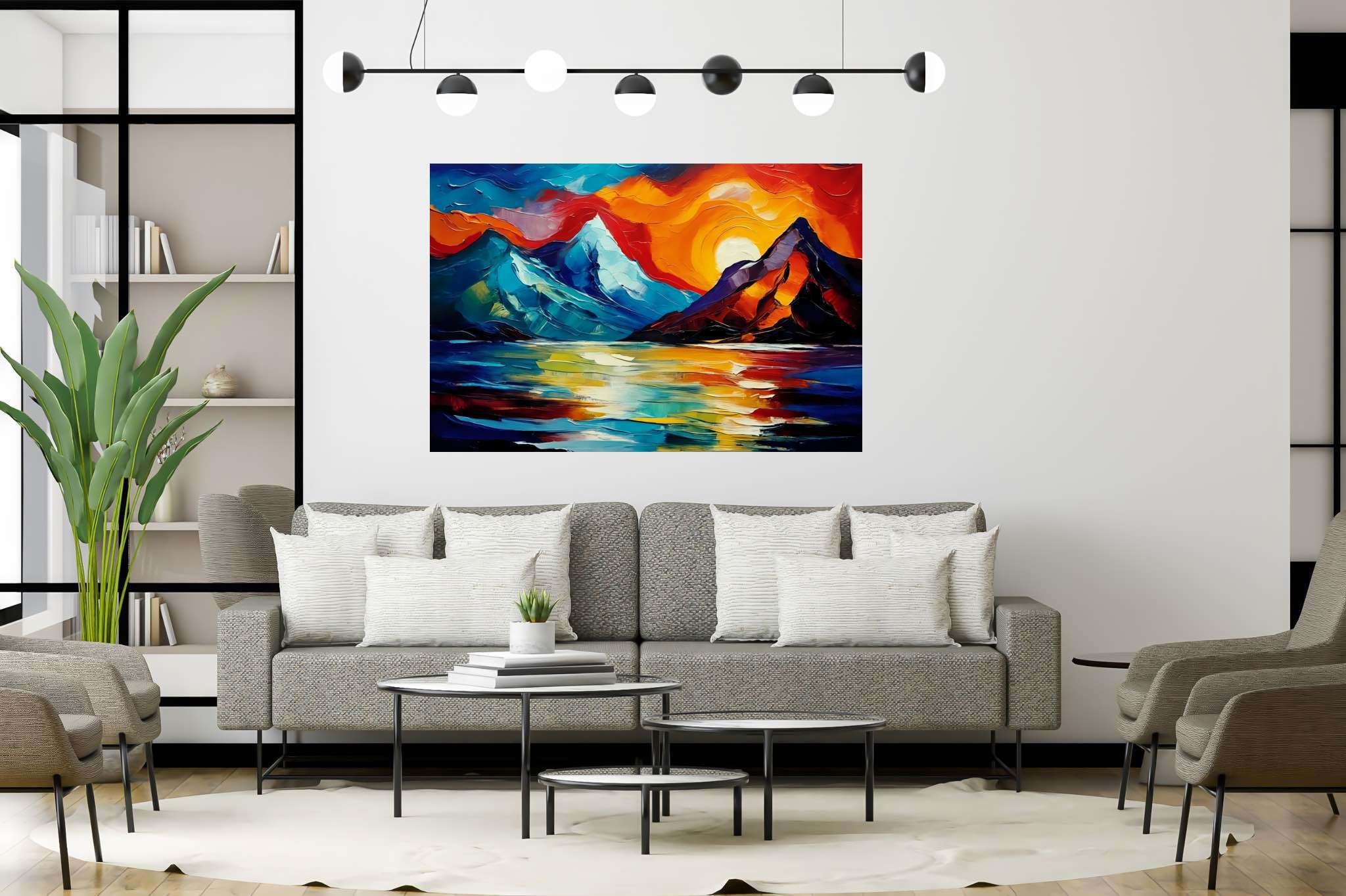 Chroma summit serenade: Vibrant landscape art with vibrant landscape illustrations, in a room with contemporary flair, wall art, and stylish accessories. The art can be printed on poster, framed poster, canvas, metal, acrylic or wood, exclusively at WallArtZen. Find this exact print at https://wallartzen.com/waz71