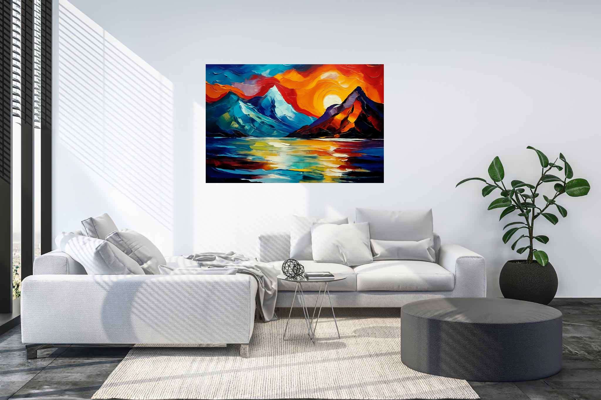 Chroma summit serenade: Vibrant landscape art with vibrant landscape artists, in a room with innovative layout, fine art prints, and decorative pieces. The art can be printed on poster, framed poster, canvas, metal, acrylic or wood, exclusively at WallArtZen. Find this exact print at https://wallartzen.com/waz71