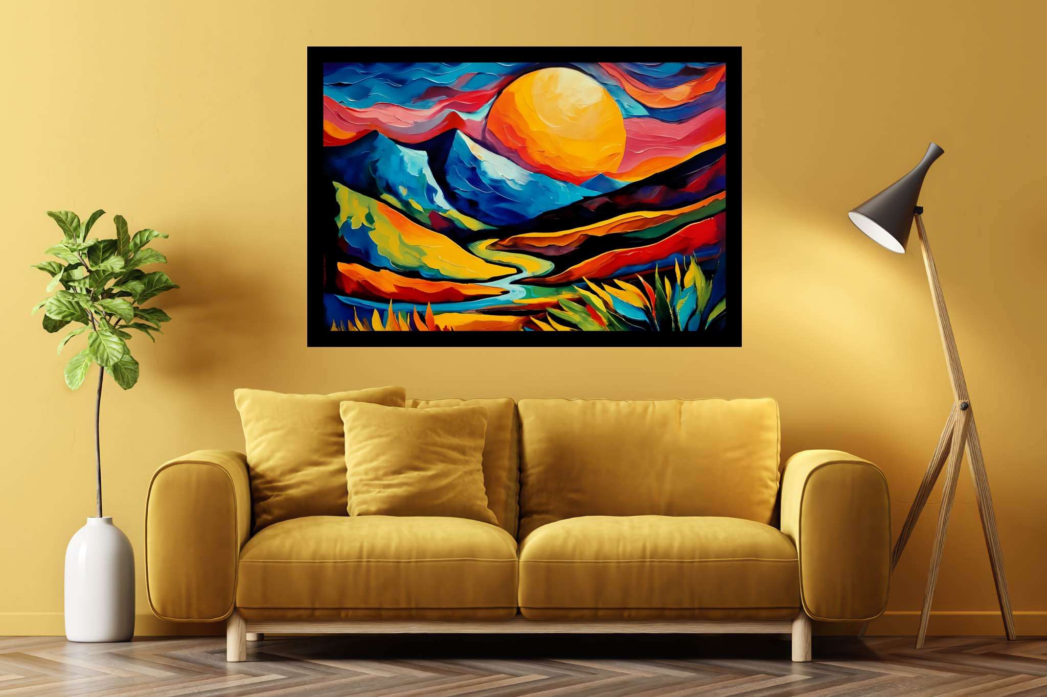 Twilight's embrace peak: Landscape art with outdoor scenery, in a room with classic elegance, wall hangings, and home furnishings. The art can be printed on poster, framed poster, canvas, metal, acrylic or wood, exclusively at WallArtZen. Find this exact print at https://wallartzen.com/waz74
