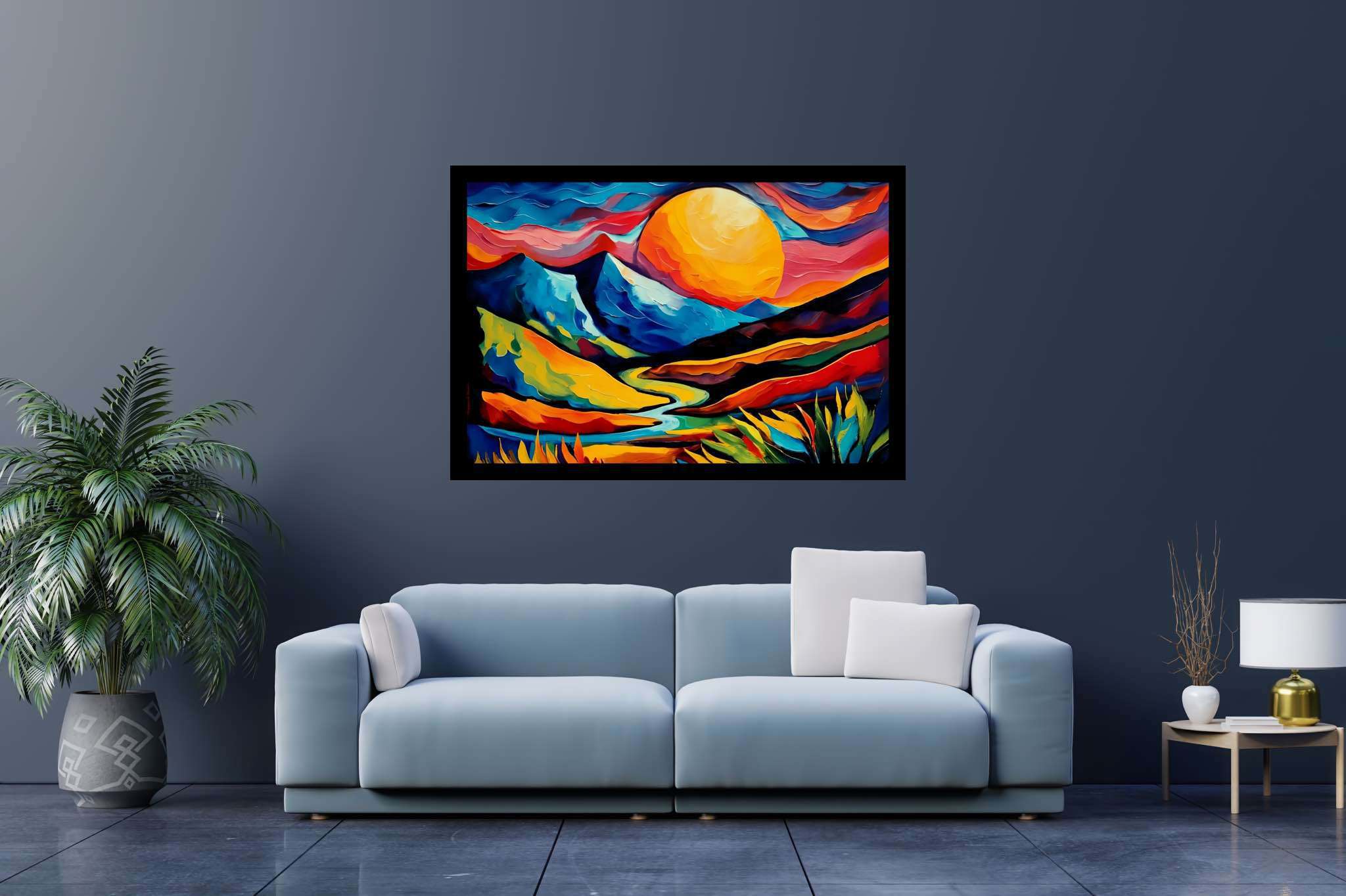 Twilight's embrace peak: Landscape art with landscape art, in a room with urban design, abstract paintings, and elegant home goods. The art can be printed on poster, framed poster, canvas, metal, acrylic or wood, exclusively at WallArtZen. Find this exact print at https://wallartzen.com/waz74