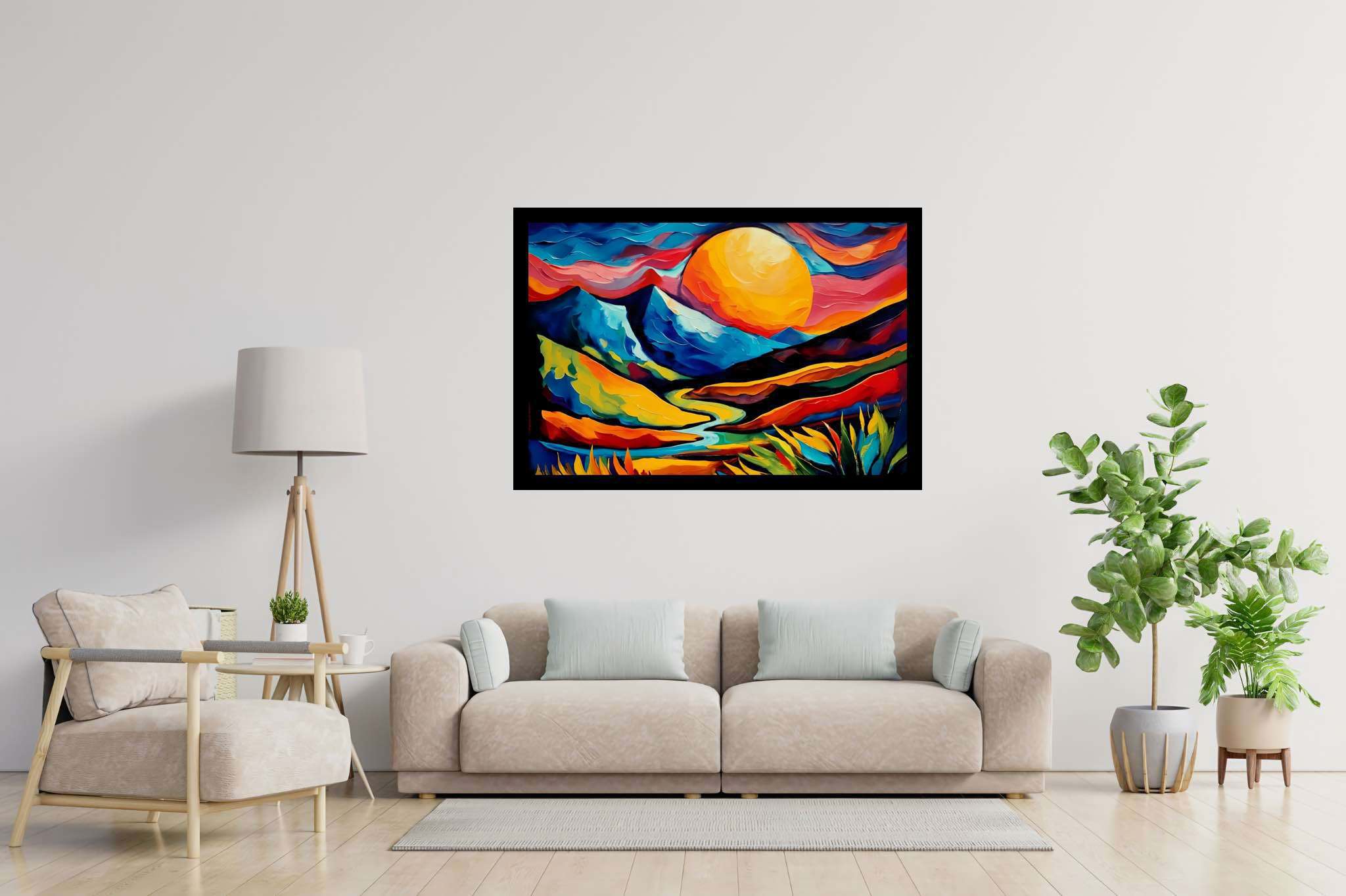 Twilight's embrace peak: Landscape art with artistic landscapes, in a room with contemporary flair, canvas prints, and home furnishings. The art can be printed on poster, framed poster, canvas, metal, acrylic or wood, exclusively at WallArtZen. Find this exact print at https://wallartzen.com/waz74