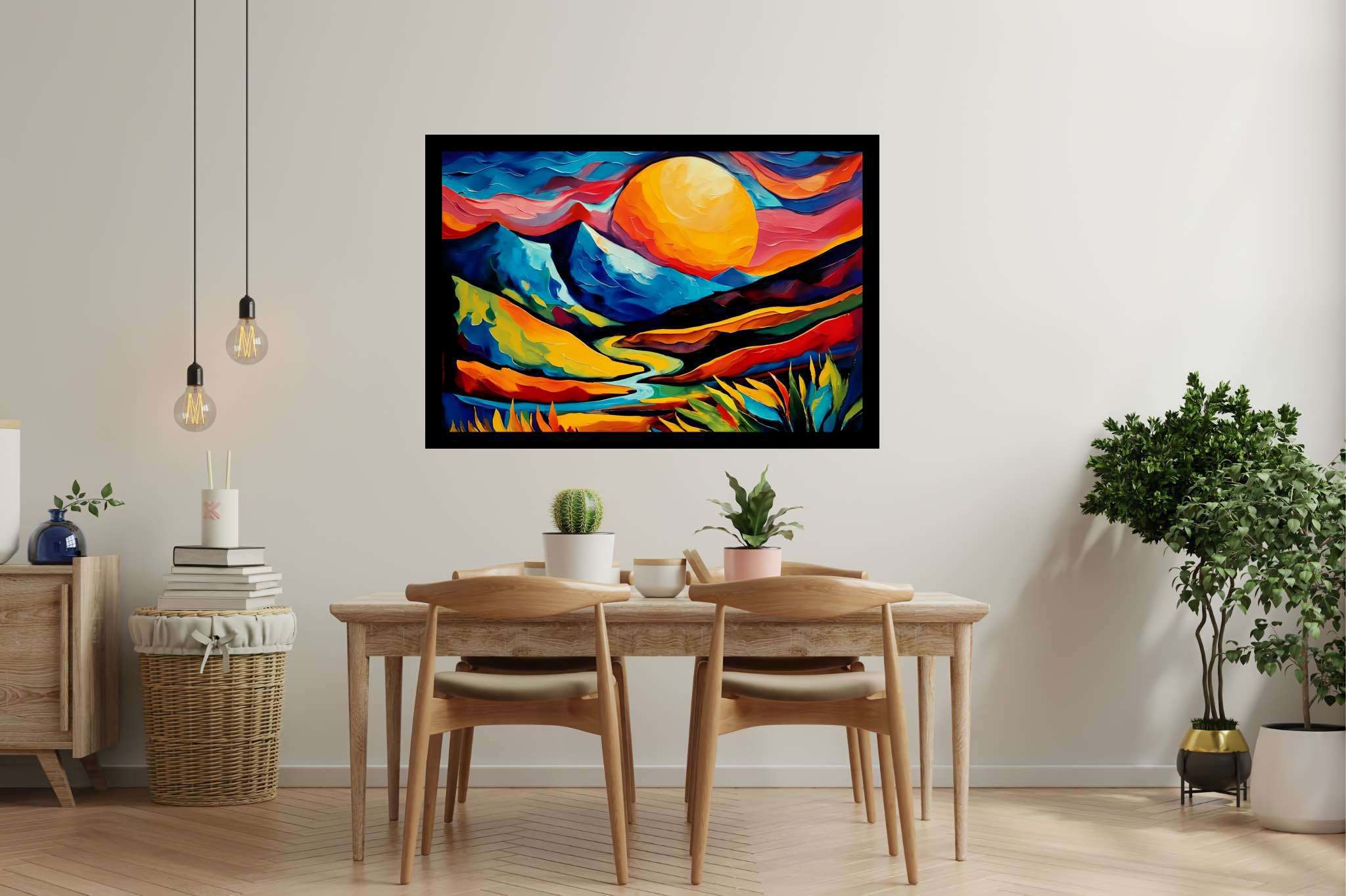 Twilight's embrace peak: Landscape art with artistic landscapes, in a room with urban design, fine art prints, and home furnishings. The art can be printed on poster, framed poster, canvas, metal, acrylic or wood, exclusively at WallArtZen. Find this exact print at https://wallartzen.com/waz74