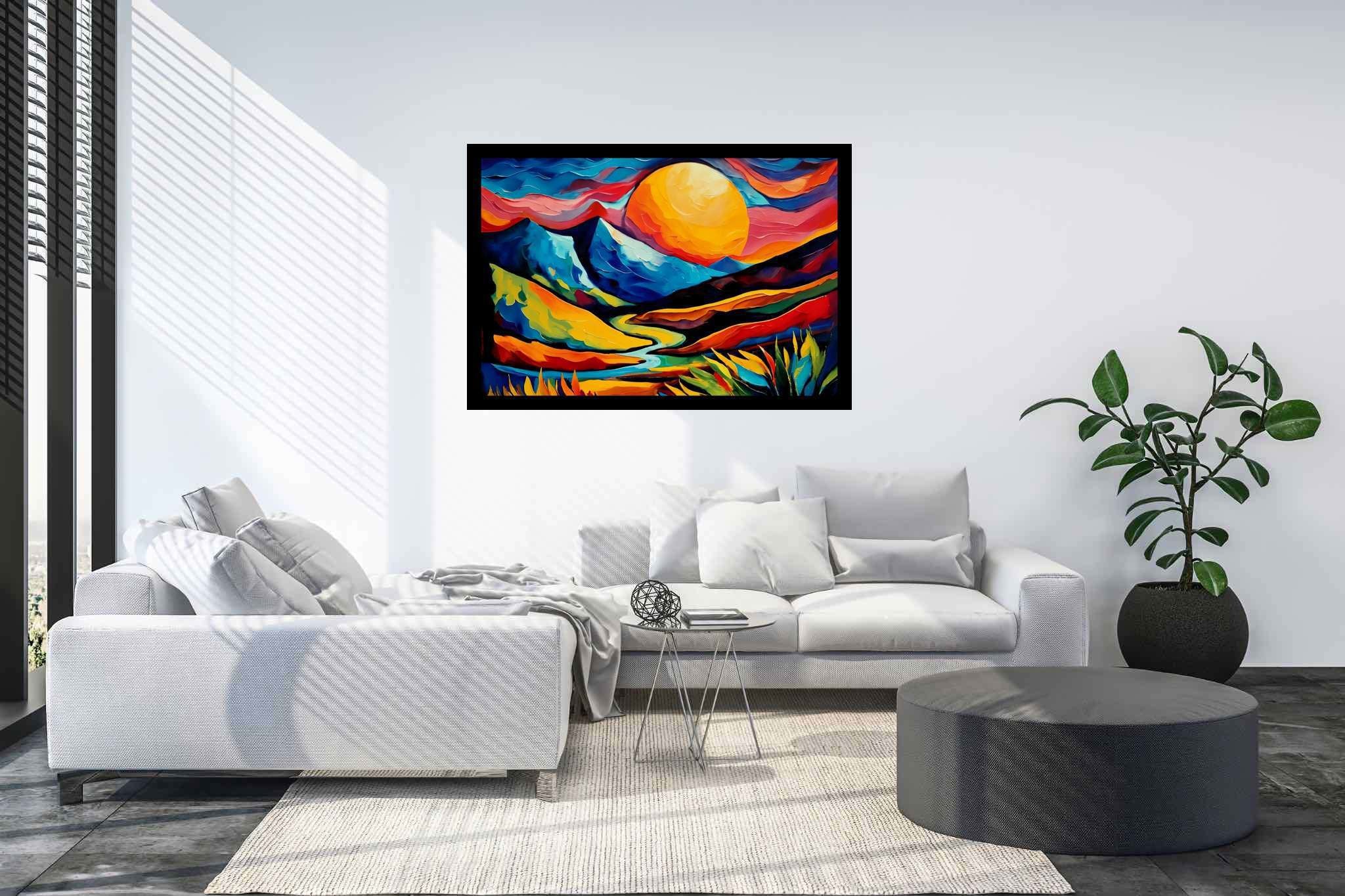 Twilight's embrace peak: Landscape art with artistic landscapes, in a room with minimalist approach, gallery-quality artwork, and luxe decor. The art can be printed on poster, framed poster, canvas, metal, acrylic or wood, exclusively at WallArtZen. Find this exact print at https://wallartzen.com/waz74