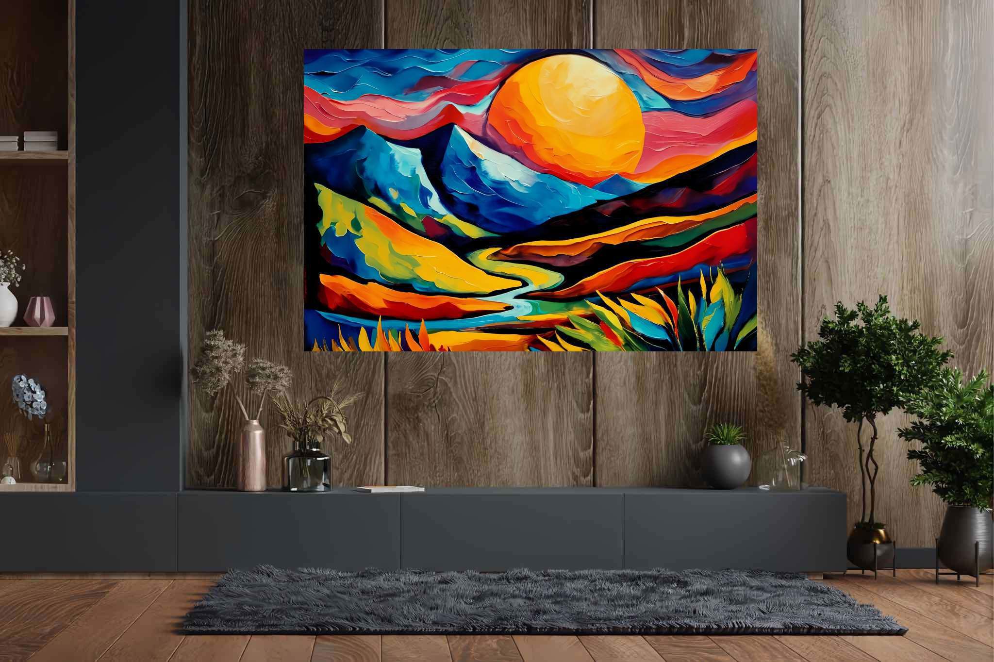 Twilight's embrace peak: Landscape art with landscape paintings, in a room with artistic style, photographic wall art, and designer furniture. The art can be printed on poster, framed poster, canvas, metal, acrylic or wood, exclusively at WallArtZen. Find this exact print at https://wallartzen.com/waz74