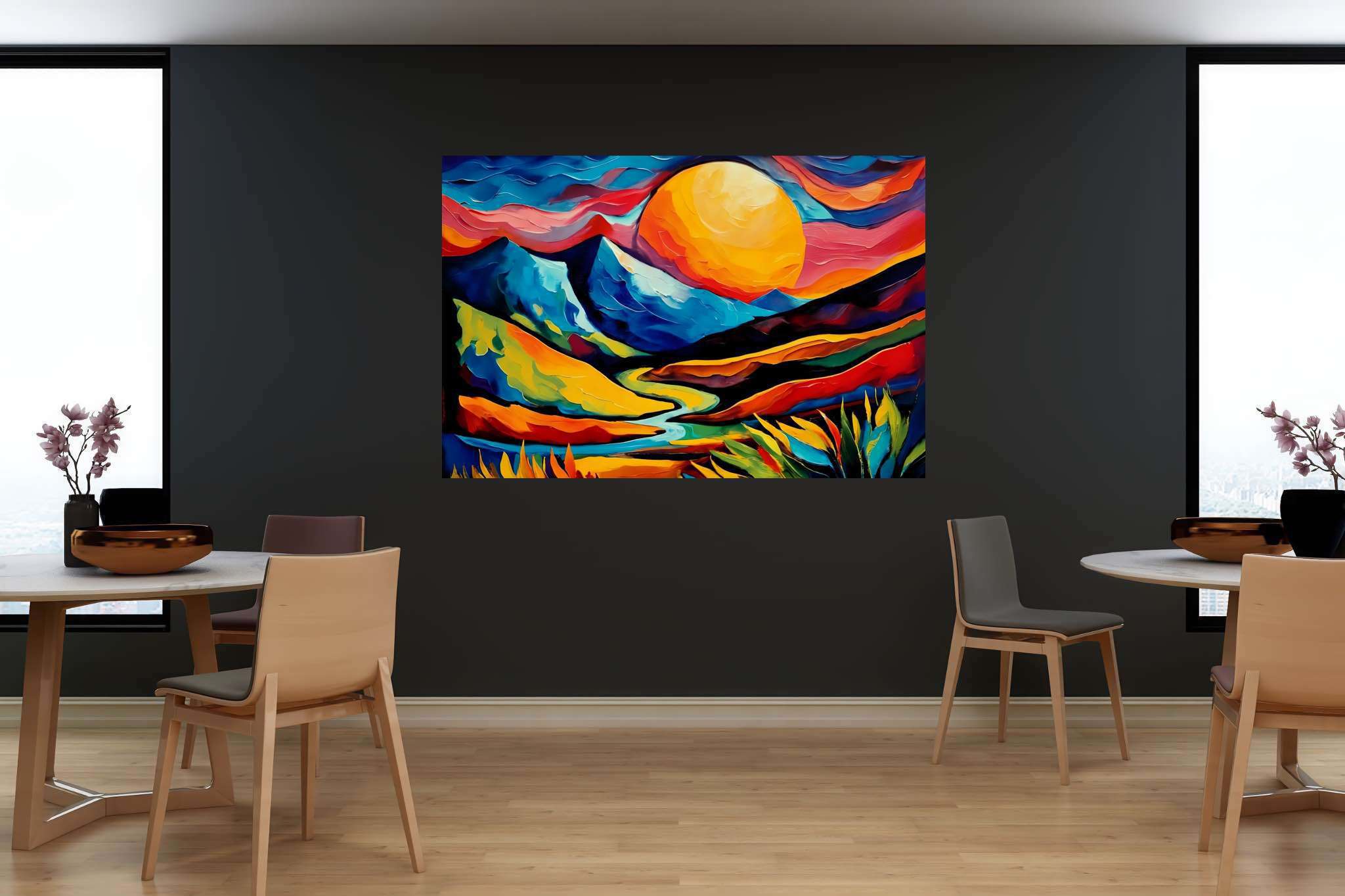 Twilight's embrace peak: Landscape art with mountain landscapes, in a room with minimalist approach, mural artworks, and home furnishings. The art can be printed on poster, framed poster, canvas, metal, acrylic or wood, exclusively at WallArtZen. Find this exact print at https://wallartzen.com/waz74