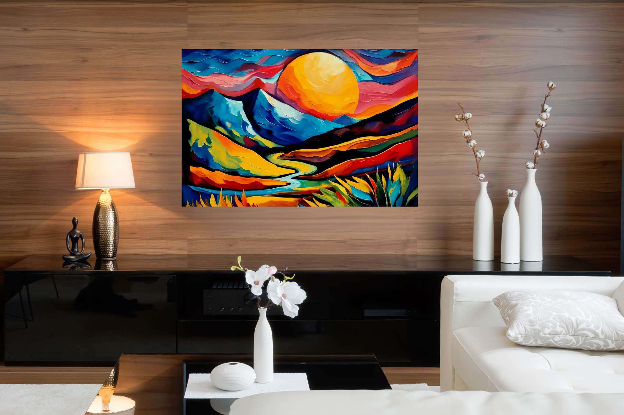 Twilight's embrace peak: Landscape art with landscape art, in a room with urban design, canvas prints, and designer furniture. The art can be printed on poster, framed poster, canvas, metal, acrylic or wood, exclusively at WallArtZen. Find this exact print at https://wallartzen.com/waz74
