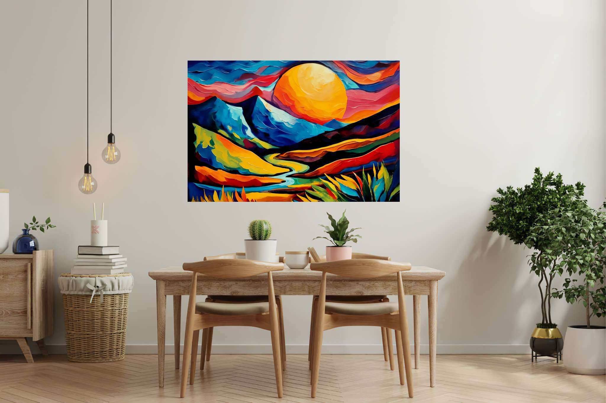 Twilight's embrace peak: Landscape art with landscape artists, in a room with modern style, gallery-quality artwork, and elegant home goods. The art can be printed on poster, framed poster, canvas, metal, acrylic or wood, exclusively at WallArtZen. Find this exact print at https://wallartzen.com/waz74