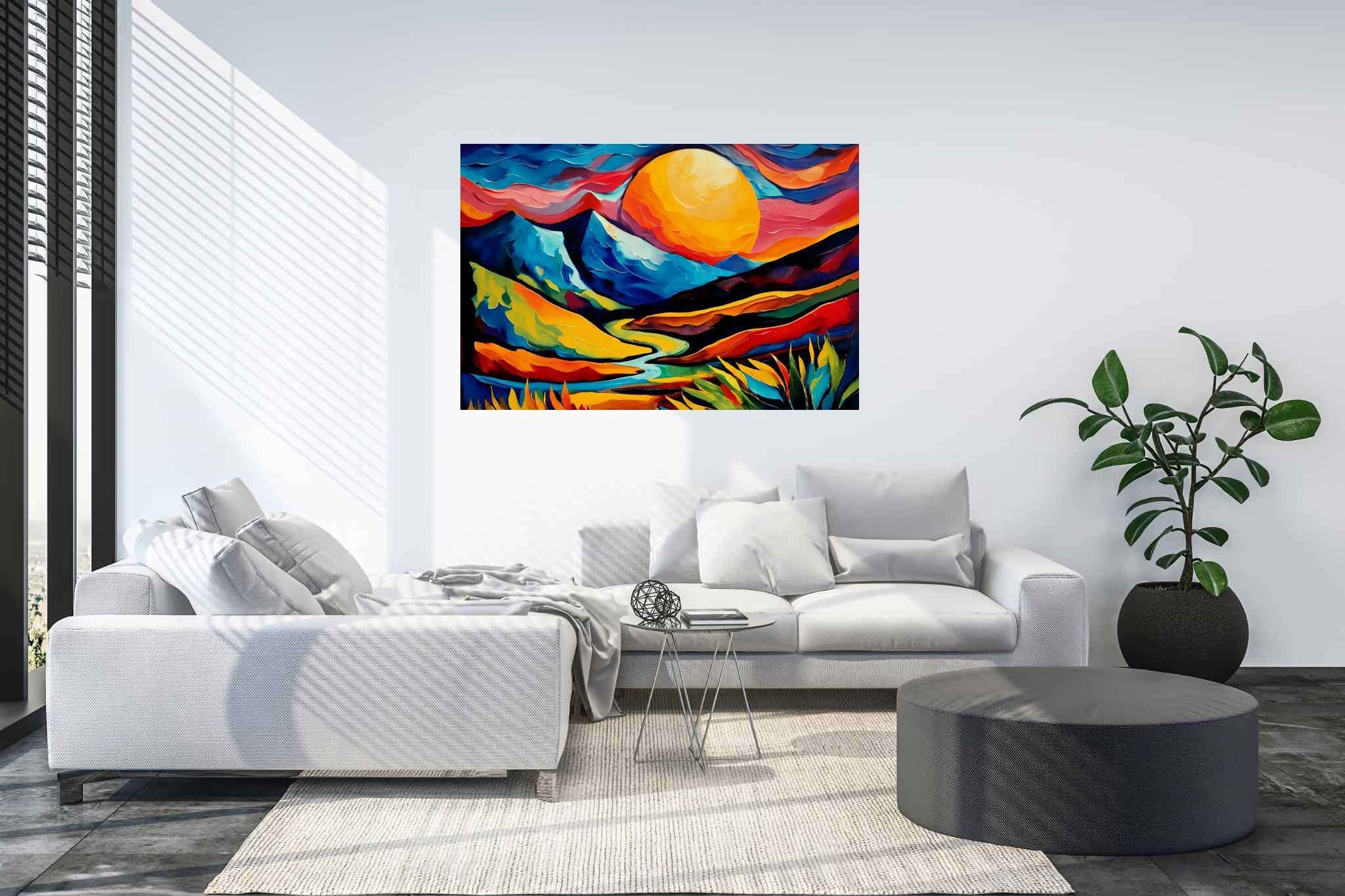 Twilight's embrace peak: Landscape art with pastoral art, in a room with elegant layout, abstract paintings, and luxe decor. The art can be printed on poster, framed poster, canvas, metal, acrylic or wood, exclusively at WallArtZen. Find this exact print at https://wallartzen.com/waz74
