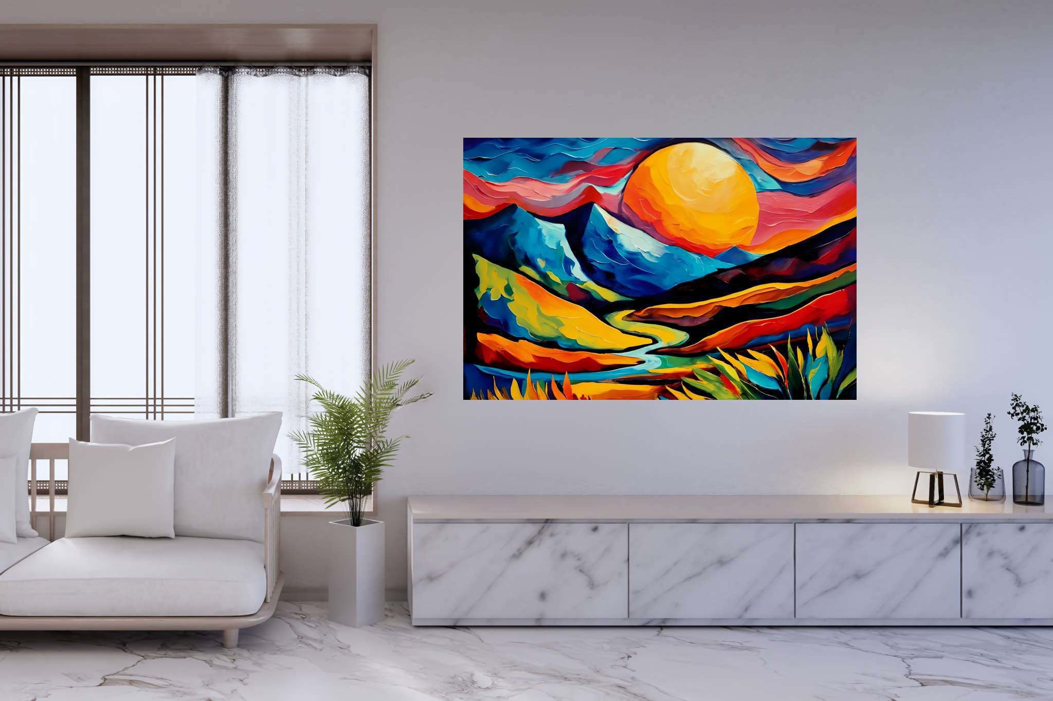 Twilight's embrace peak: Landscape art with artistic landscapes, in a room with elegant layout, digital art pieces, and home furnishings. The art can be printed on poster, framed poster, canvas, metal, acrylic or wood, exclusively at WallArtZen. Find this exact print at https://wallartzen.com/waz74