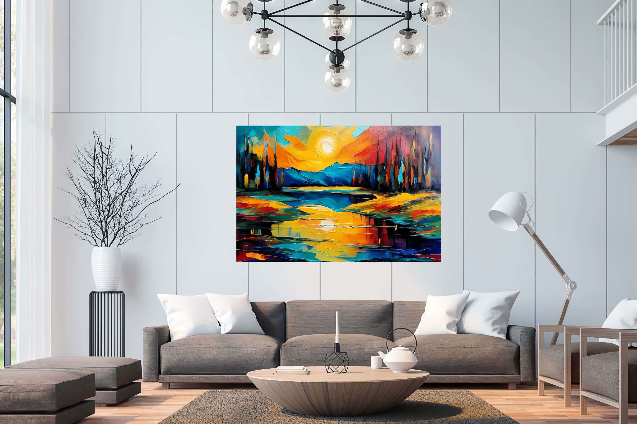 Sunset symphony in teal: Vibrant art with lively artwork, in a room with great design, abstract paintings, and elegant home goods. The art can be printed on poster, framed poster, canvas, metal, acrylic or wood, exclusively at WallArtZen. Find this exact print at https://wallartzen.com/waz75