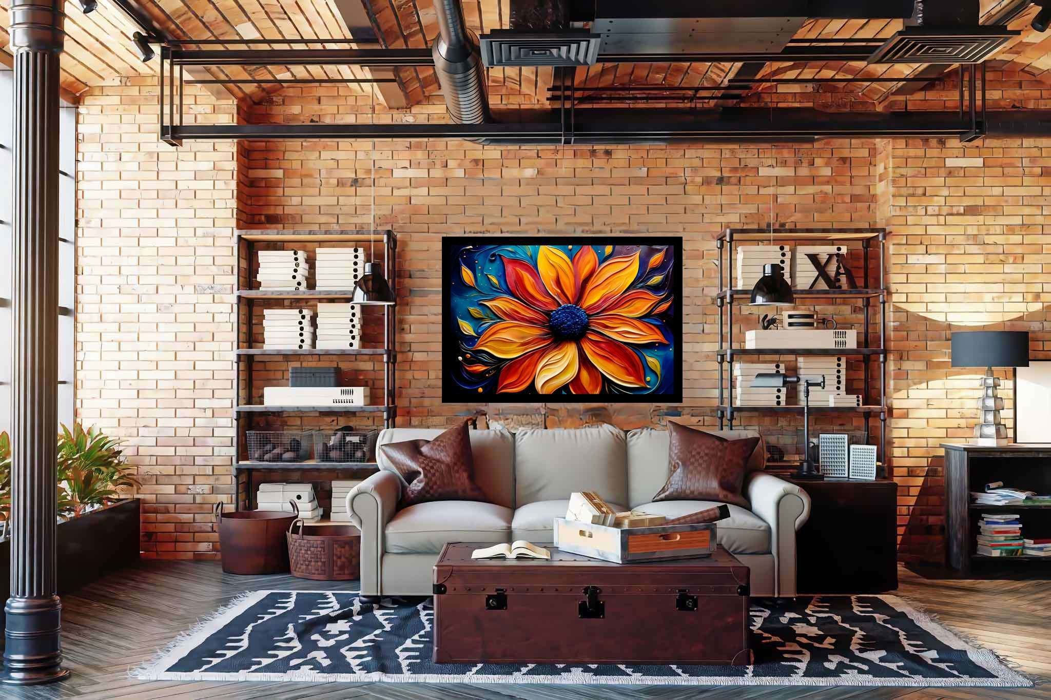 Bloom's ember dance: Vibrant flower art with energetic floral prints, in a room with minimalist approach, framed art, and stylish accessories. The art can be printed on poster, framed poster, canvas, metal, acrylic or wood, exclusively at WallArtZen. Find this exact print at https://wallartzen.com/waz76