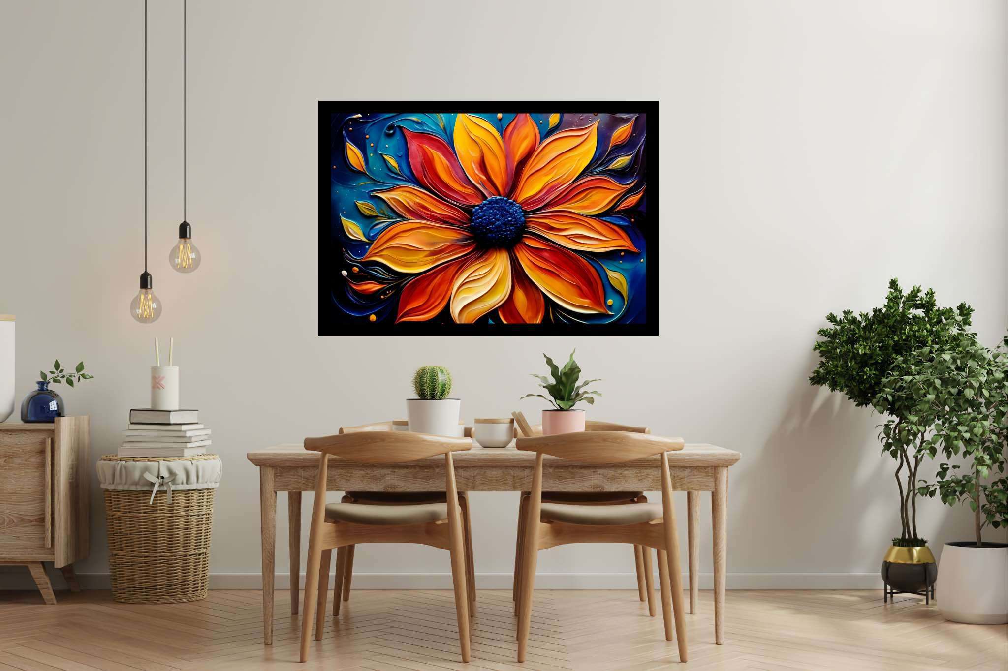 Bloom's ember dance: Vibrant flower art with colorful garden, in a room with classic elegance, mural artworks, and decorative pieces. The art can be printed on poster, framed poster, canvas, metal, acrylic or wood, exclusively at WallArtZen. Find this exact print at https://wallartzen.com/waz76