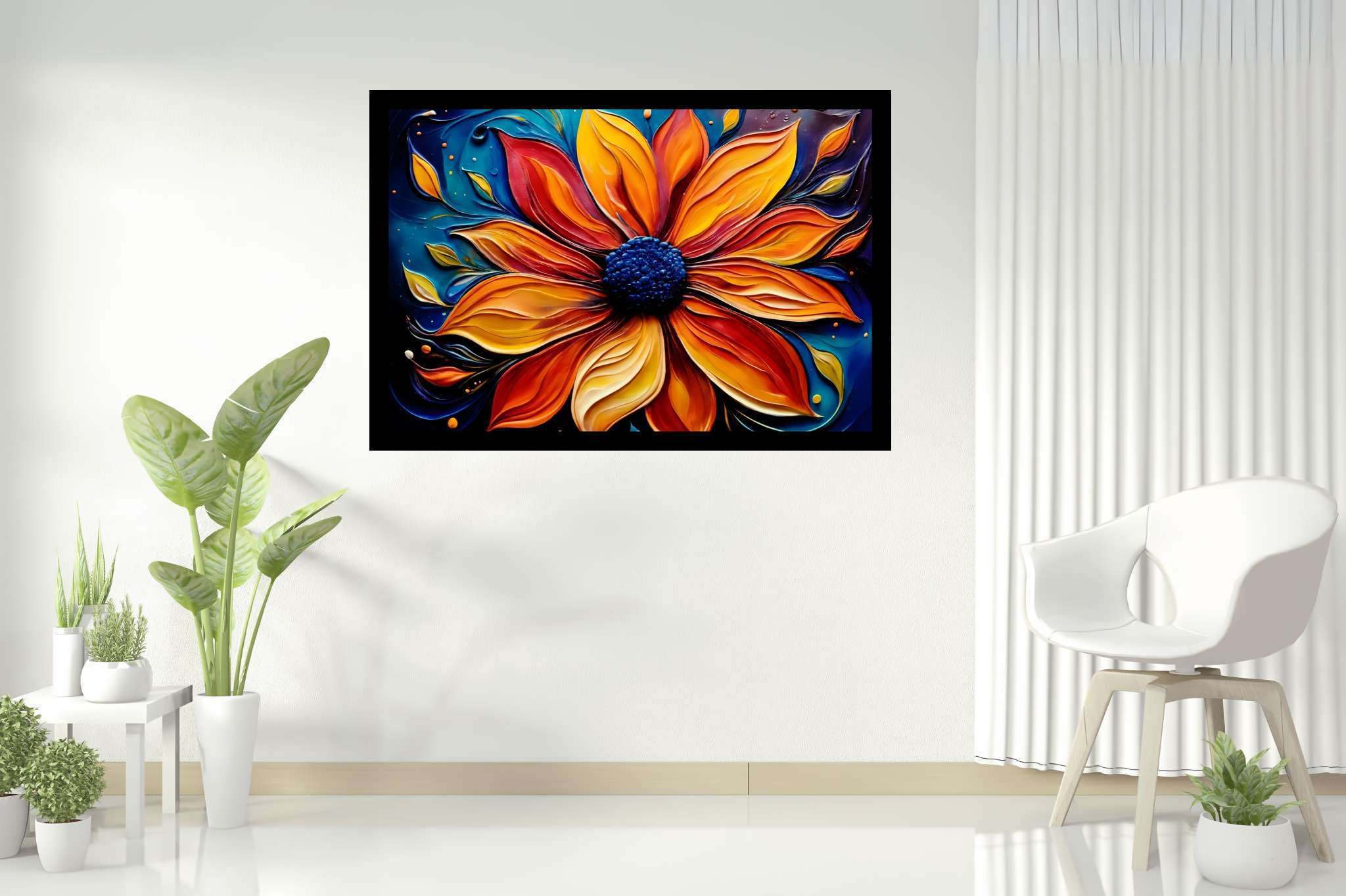 Bloom's ember dance: Vibrant flower art with expressive floral design, in a room with great design, framed art, and artisan decor. The art can be printed on poster, framed poster, canvas, metal, acrylic or wood, exclusively at WallArtZen. Find this exact print at https://wallartzen.com/waz76