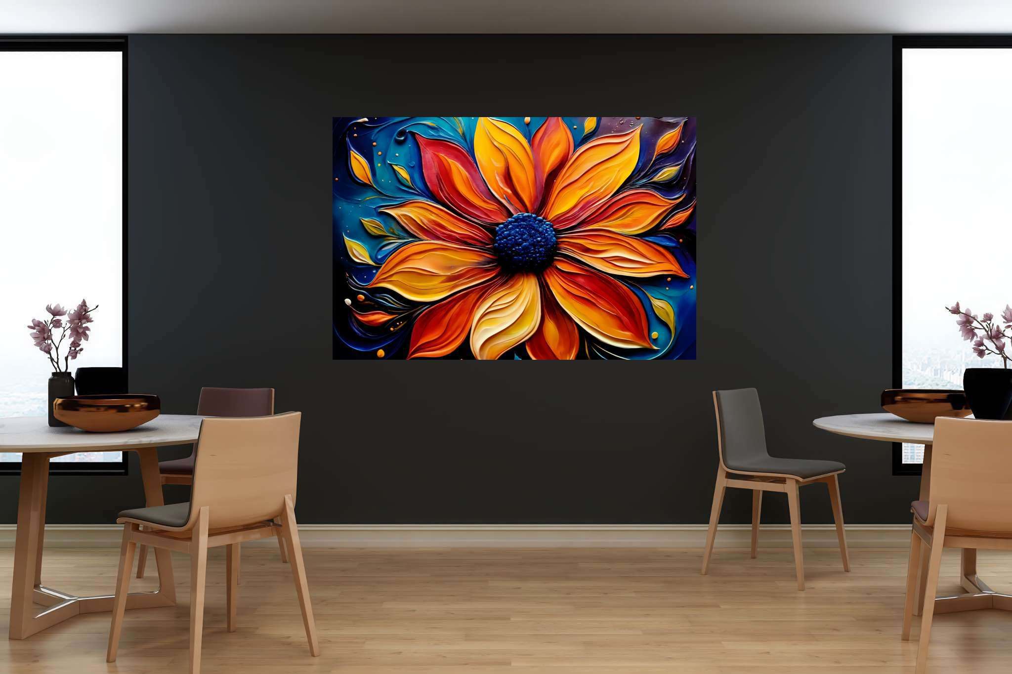 Bloom's ember dance: Vibrant flower art with vibrant flower bouquet, in a room with modern style, framed art, and trendy home accents. The art can be printed on poster, framed poster, canvas, metal, acrylic or wood, exclusively at WallArtZen. Find this exact print at https://wallartzen.com/waz76