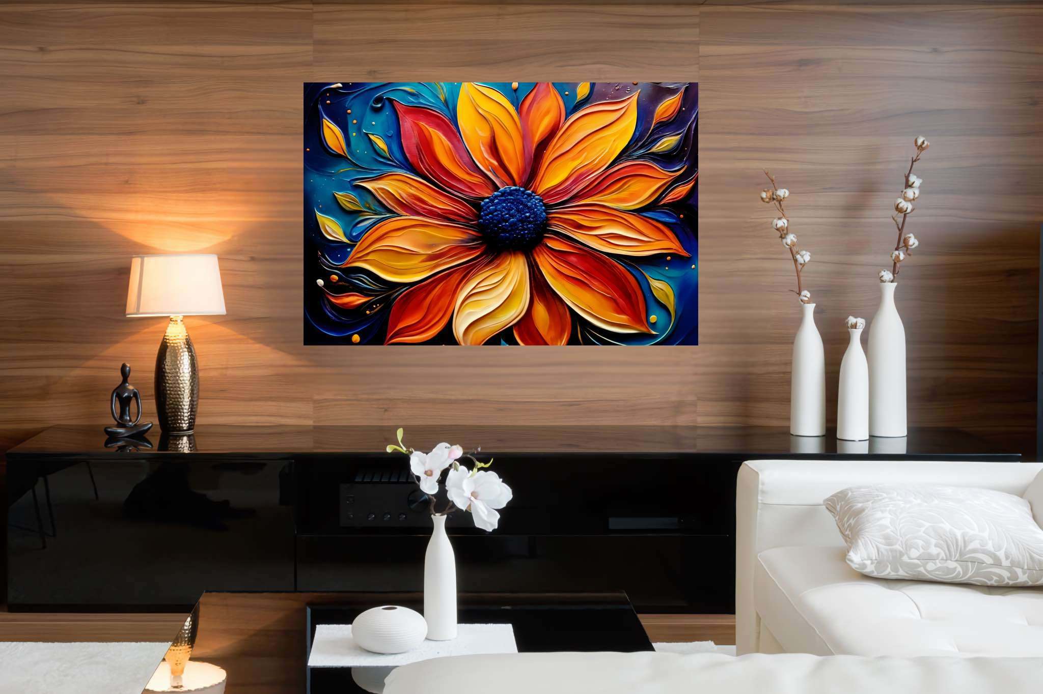 Bloom's ember dance: Vibrant flower art with vivid flower artwork, in a room with elegant layout, photographic wall art, and decorative pieces. The art can be printed on poster, framed poster, canvas, metal, acrylic or wood, exclusively at WallArtZen. Find this exact print at https://wallartzen.com/waz76