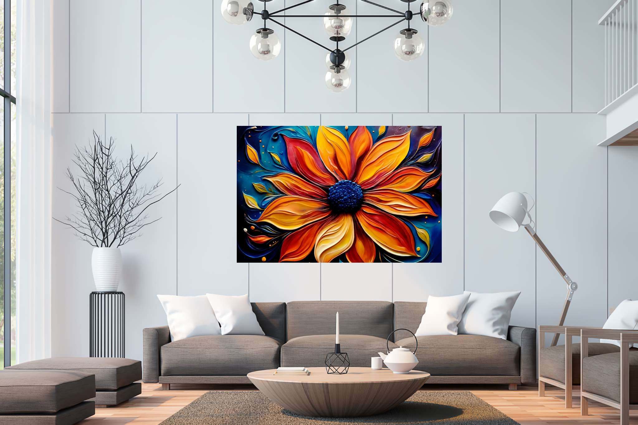Bloom's ember dance: Vibrant flower art with vibrant flower bouquet, in a room with classic elegance, wall hangings, and stylish accessories. The art can be printed on poster, framed poster, canvas, metal, acrylic or wood, exclusively at WallArtZen. Find this exact print at https://wallartzen.com/waz76