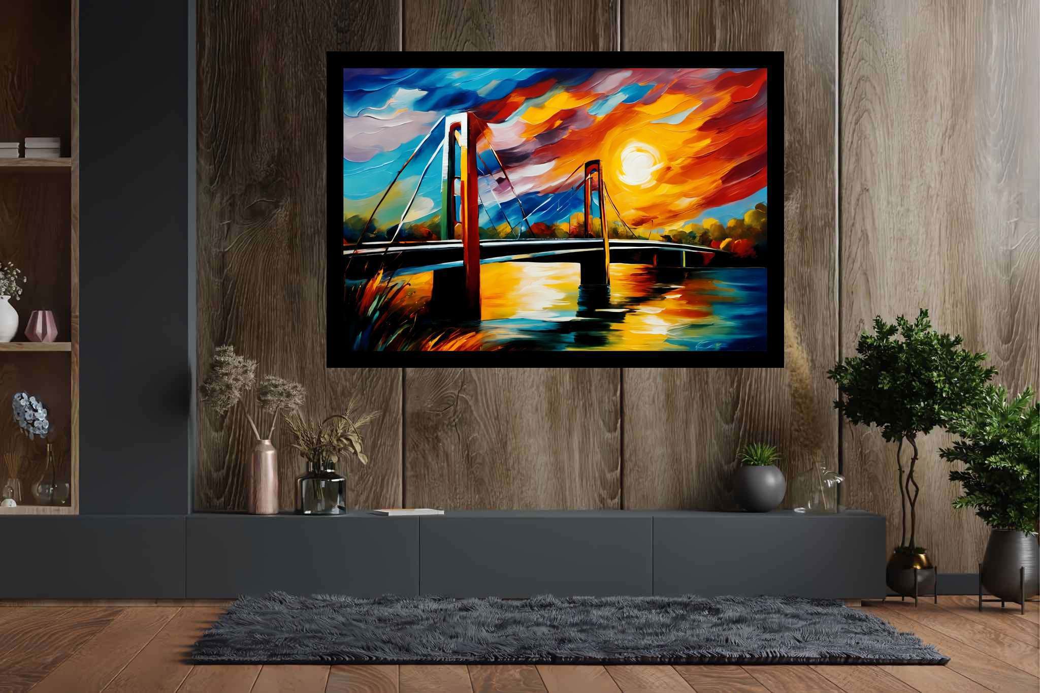 Crimson arcadia crossing: Vibrant bridge art with vivid bridge murals, in a room with classic elegance, bespoke art designs, and decorative pieces. The art can be printed on poster, framed poster, canvas, metal, acrylic or wood, exclusively at WallArtZen. Find this exact print at https://wallartzen.com/waz77