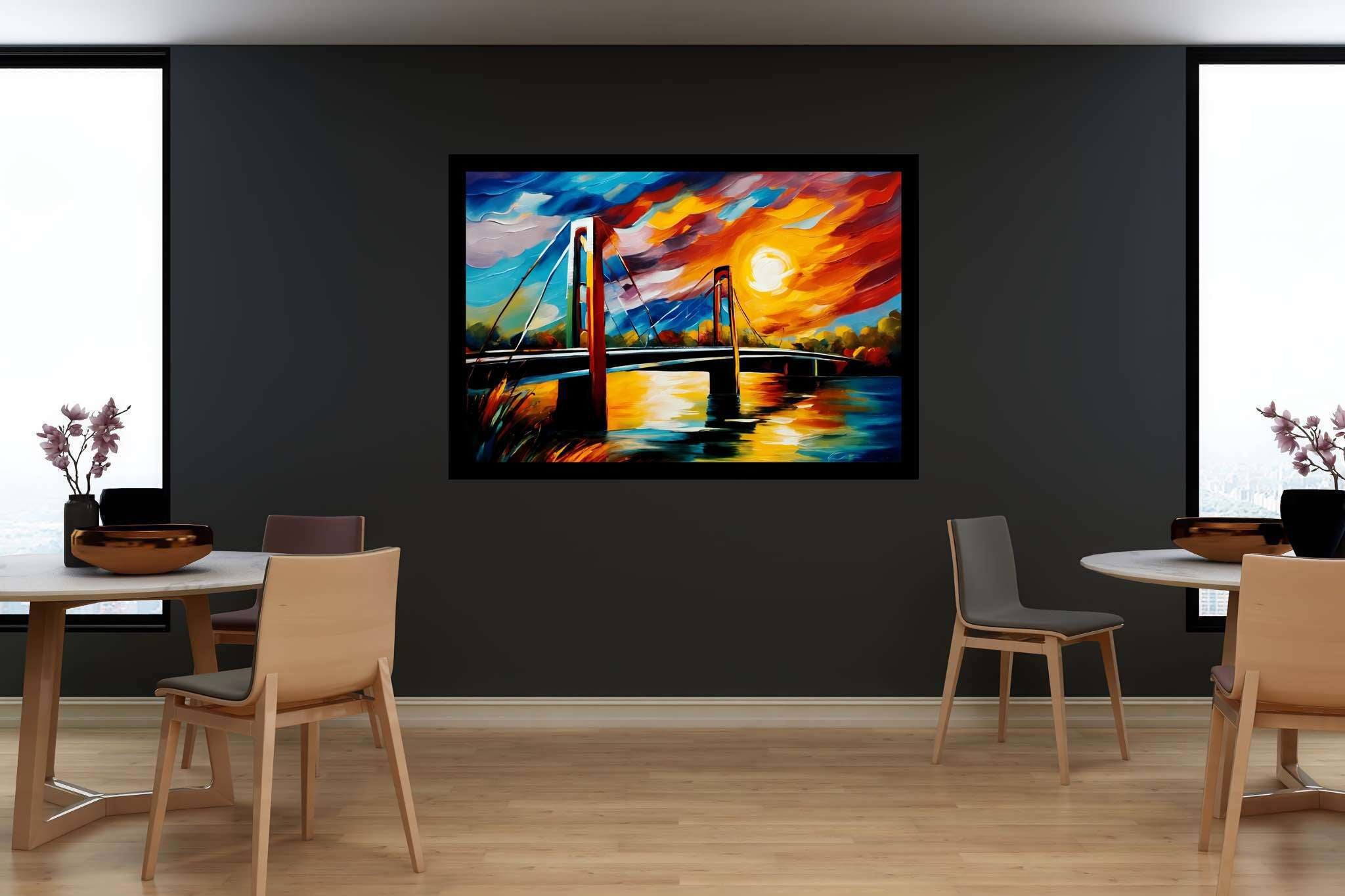 Crimson arcadia crossing: Vibrant bridge art with vibrant bridge photography, in a room with minimalist approach, framed art, and luxe decor. The art can be printed on poster, framed poster, canvas, metal, acrylic or wood, exclusively at WallArtZen. Find this exact print at https://wallartzen.com/waz77
