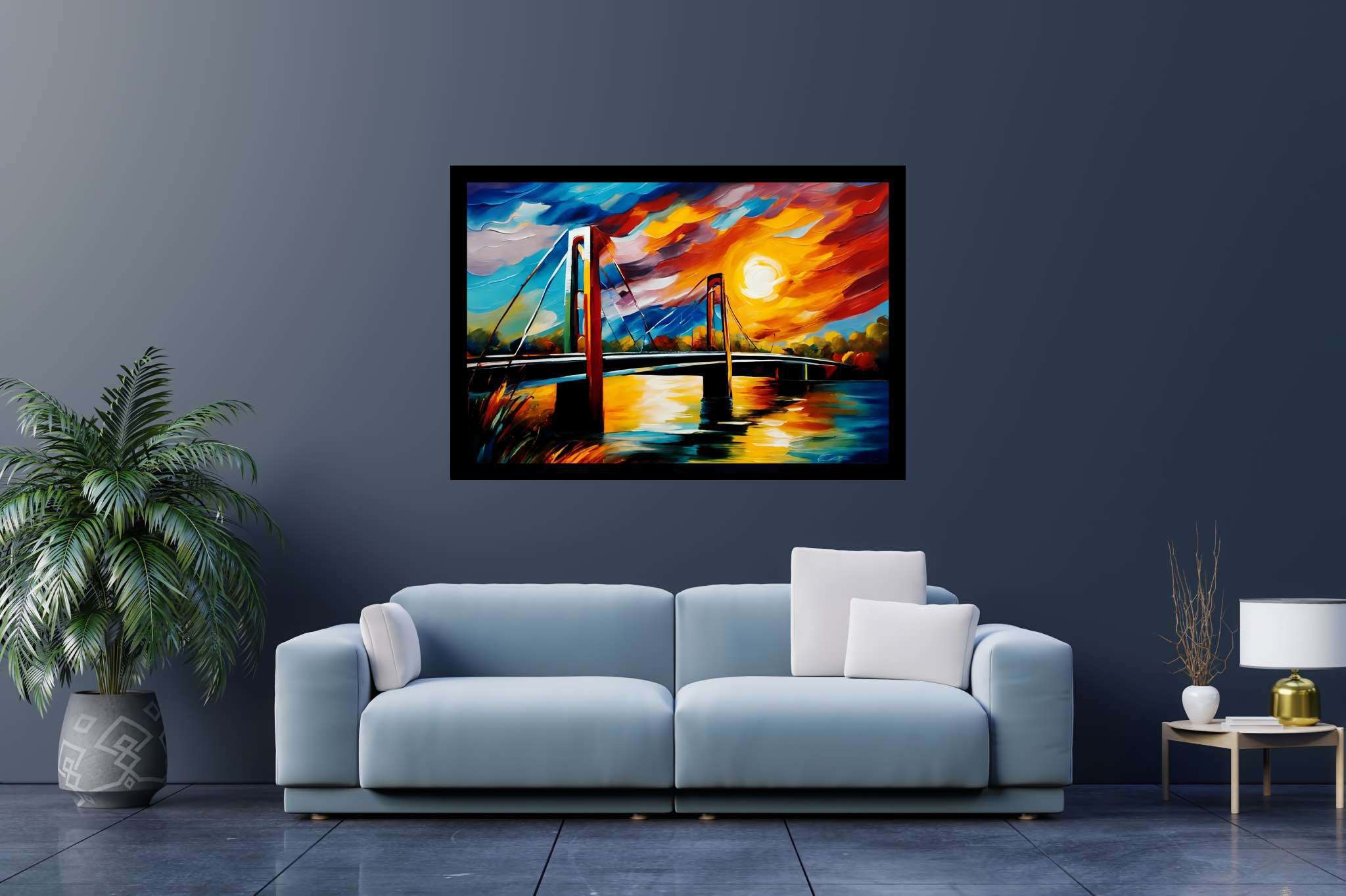 Crimson arcadia crossing: Vibrant bridge art with vibrant street art, in a room with artistic style, framed art, and trendy home accents. The art can be printed on poster, framed poster, canvas, metal, acrylic or wood, exclusively at WallArtZen. Find this exact print at https://wallartzen.com/waz77