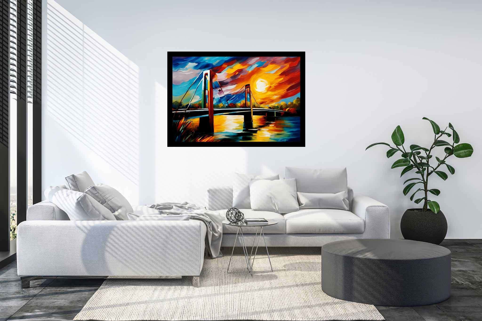 Crimson arcadia crossing: Vibrant bridge art with lively bridge sketches, in a room with chic decor, wall art, and elegant home goods. The art can be printed on poster, framed poster, canvas, metal, acrylic or wood, exclusively at WallArtZen. Find this exact print at https://wallartzen.com/waz77