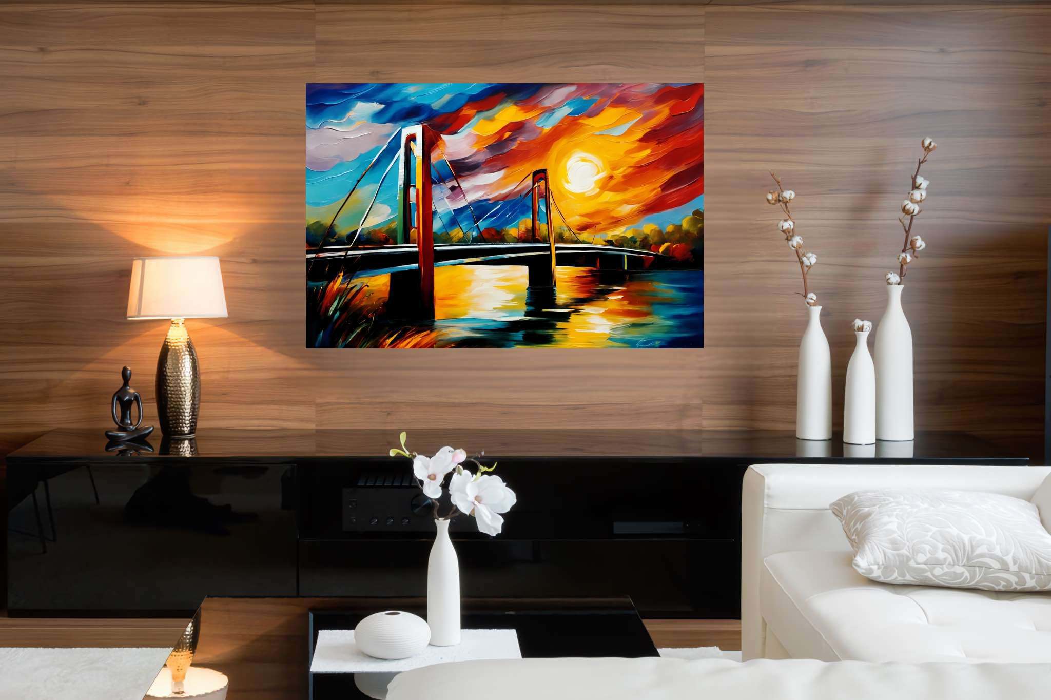 Crimson arcadia crossing: Vibrant bridge art with expressive bridge artwork, in a room with innovative layout, digital art pieces, and home styling items. The art can be printed on poster, framed poster, canvas, metal, acrylic or wood, exclusively at WallArtZen. Find this exact print at https://wallartzen.com/waz77