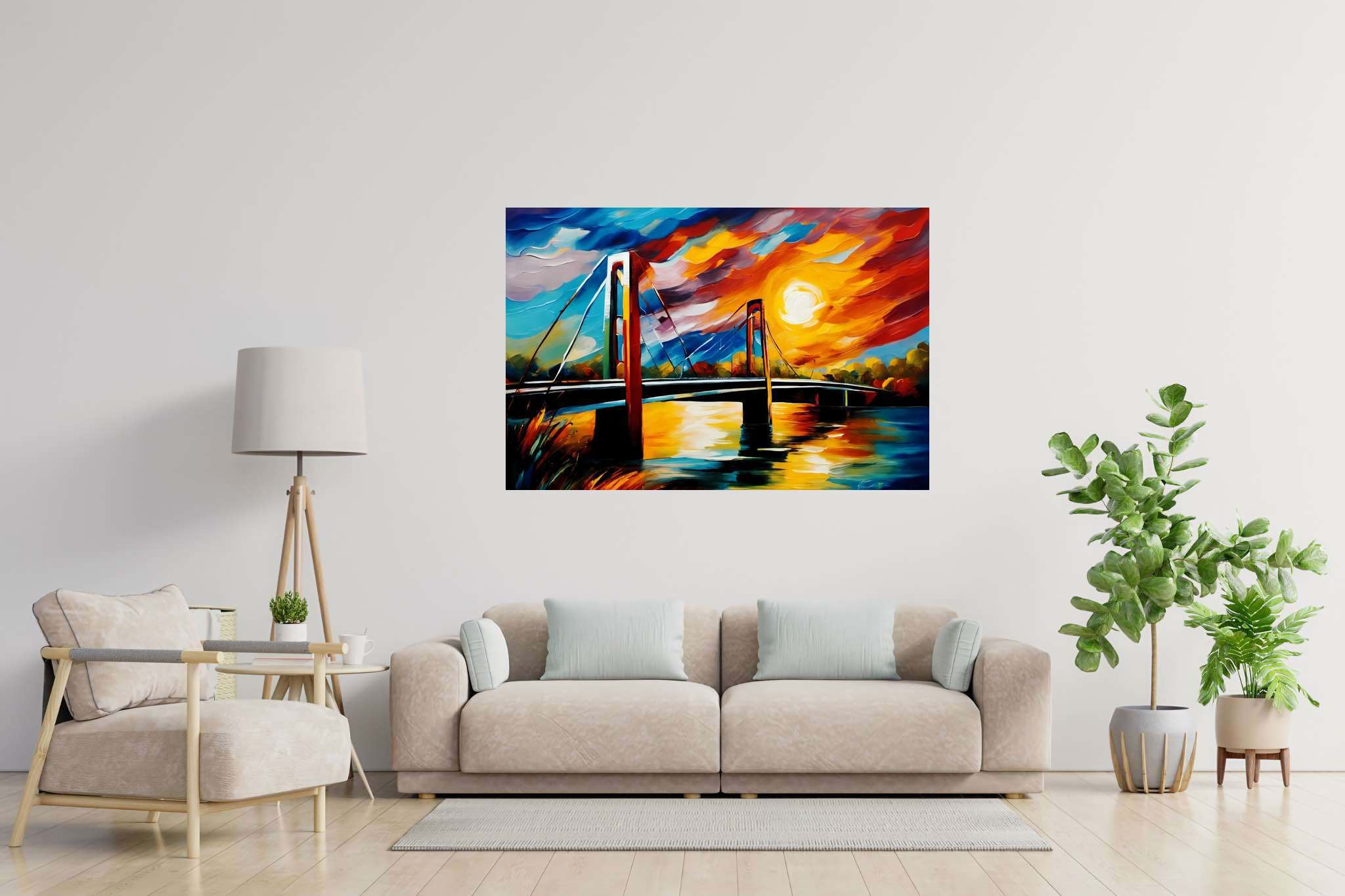Crimson arcadia crossing: Vibrant bridge art with colorful bridge paintings, in a room with minimalist approach, fine art prints, and stylish accessories. The art can be printed on poster, framed poster, canvas, metal, acrylic or wood, exclusively at WallArtZen. Find this exact print at https://wallartzen.com/waz77