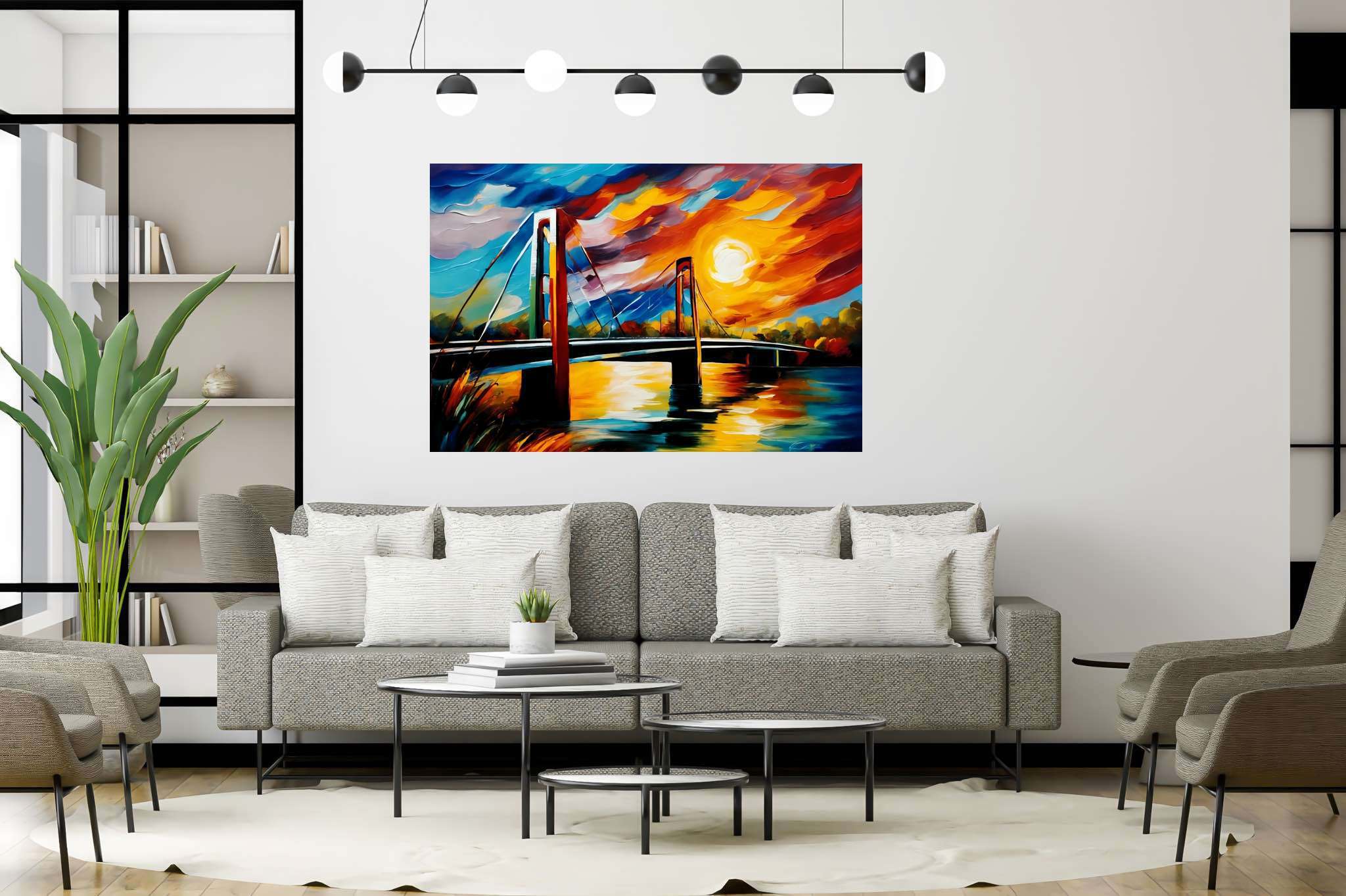 Crimson arcadia crossing: Vibrant bridge art with lively bridge sketches, in a room with elegant layout, canvas prints, and artisan decor. The art can be printed on poster, framed poster, canvas, metal, acrylic or wood, exclusively at WallArtZen. Find this exact print at https://wallartzen.com/waz77