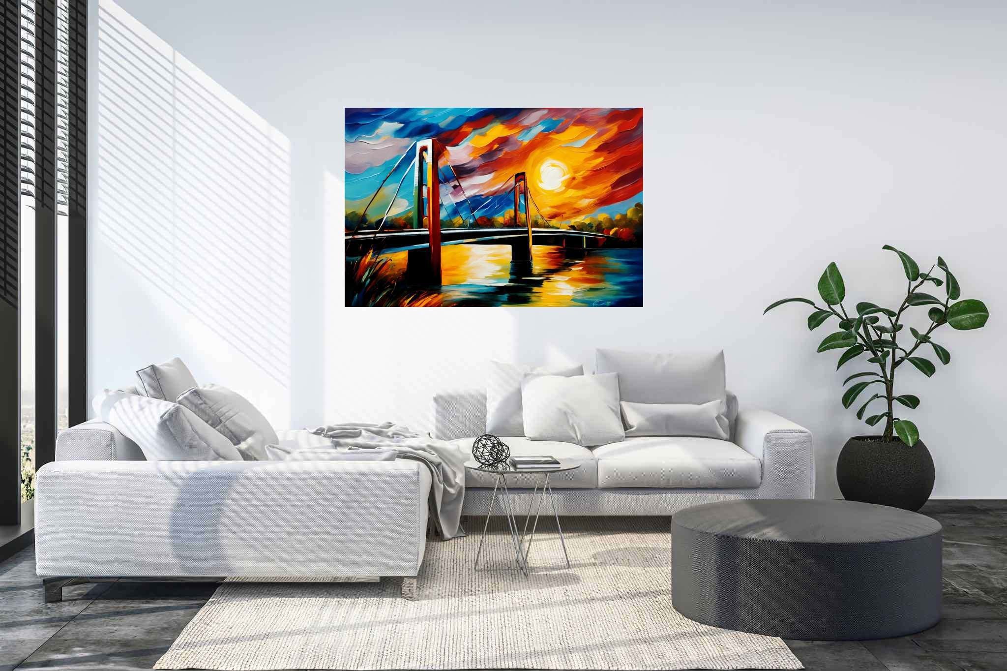 Crimson arcadia crossing: Vibrant bridge art with vibrant cityscape paintings, in a room with innovative layout, framed art, and interior decorations. The art can be printed on poster, framed poster, canvas, metal, acrylic or wood, exclusively at WallArtZen. Find this exact print at https://wallartzen.com/waz77