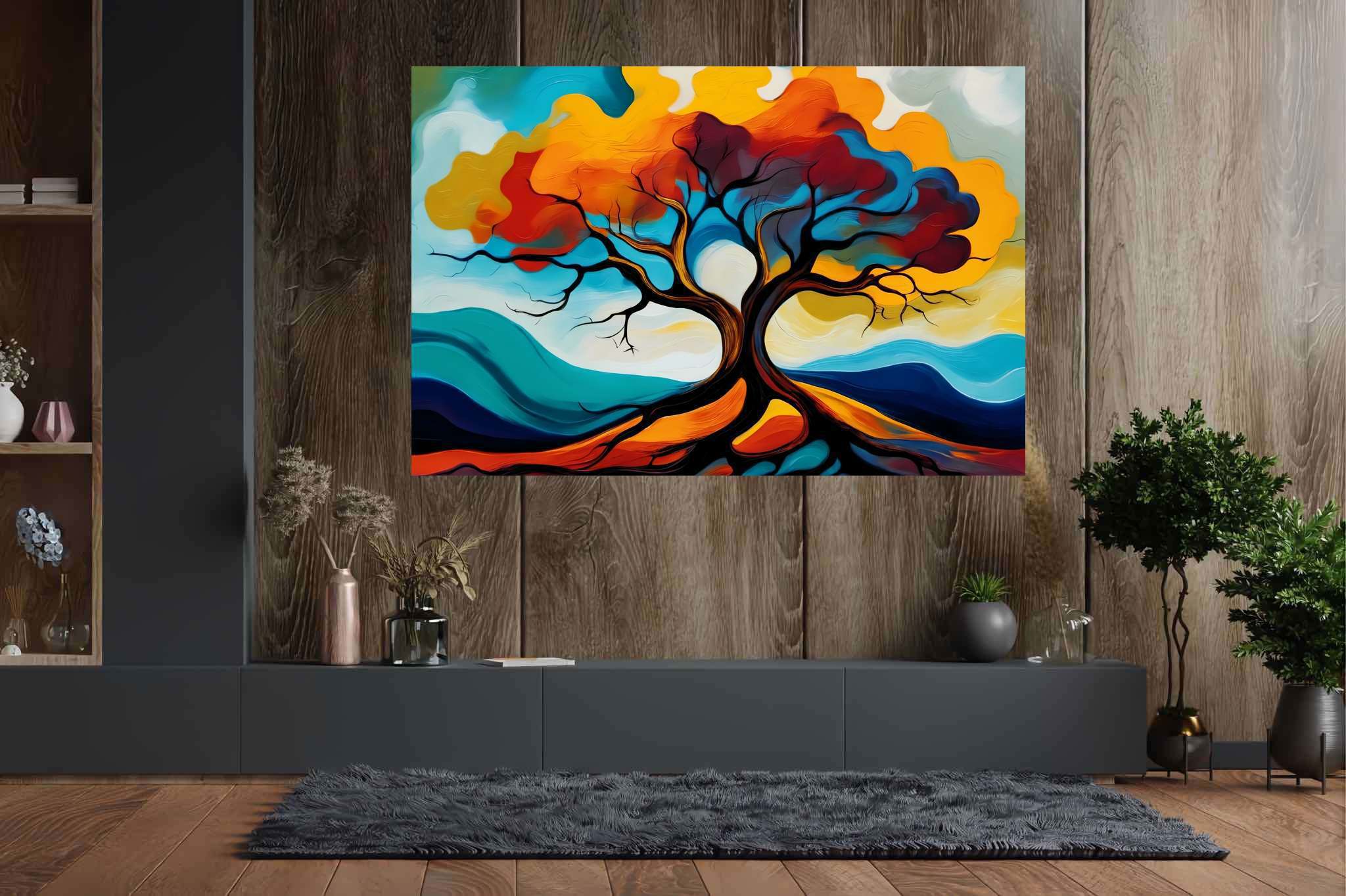 Cosmic arboreal symphony: Majestic tree art with tree-themed digital art, in a room with minimalist approach, wall hangings, and stylish accessories. The art can be printed on poster, framed poster, canvas, metal, acrylic or wood, exclusively at WallArtZen. Find this exact print at https://wallartzen.com/waz78