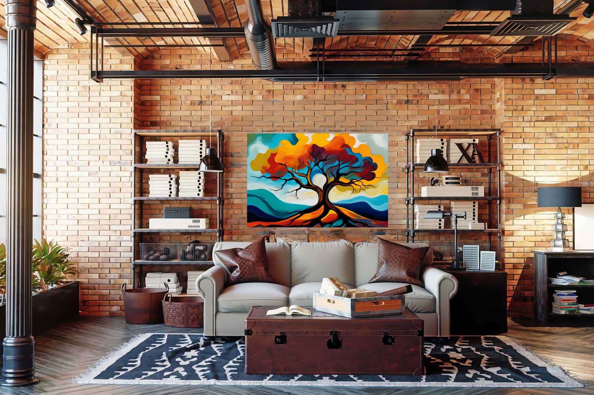 Cosmic arboreal symphony: Majestic tree art with botanical art, in a room with innovative layout, digital art pieces, and artisan decor. The art can be printed on poster, framed poster, canvas, metal, acrylic or wood, exclusively at WallArtZen. Find this exact print at https://wallartzen.com/waz78