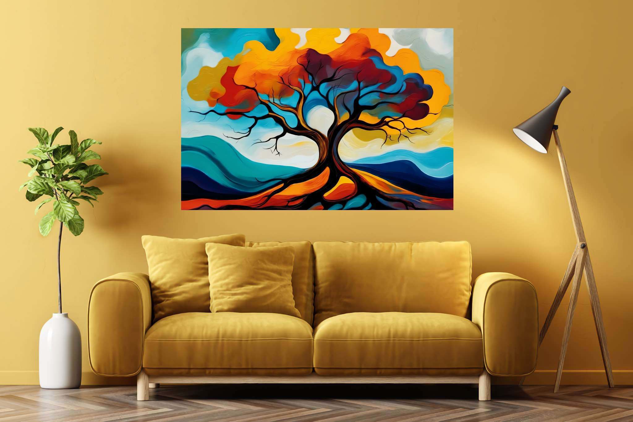 Cosmic arboreal symphony: Majestic tree art with tree-inspired mixed media art, in a room with modern style, bespoke art designs, and interior decorations. The art can be printed on poster, framed poster, canvas, metal, acrylic or wood, exclusively at WallArtZen. Find this exact print at https://wallartzen.com/waz78