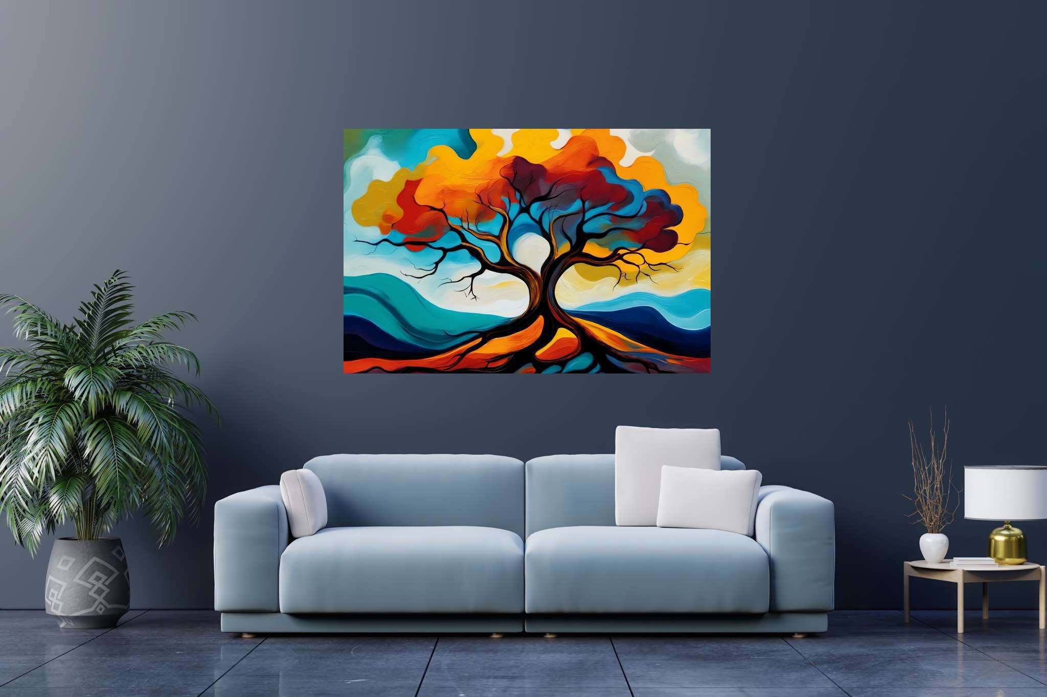 Cosmic arboreal symphony: Majestic tree art with forest-themed artwork, in a room with innovative layout, photographic wall art, and stylish accessories. The art can be printed on poster, framed poster, canvas, metal, acrylic or wood, exclusively at WallArtZen. Find this exact print at https://wallartzen.com/waz78