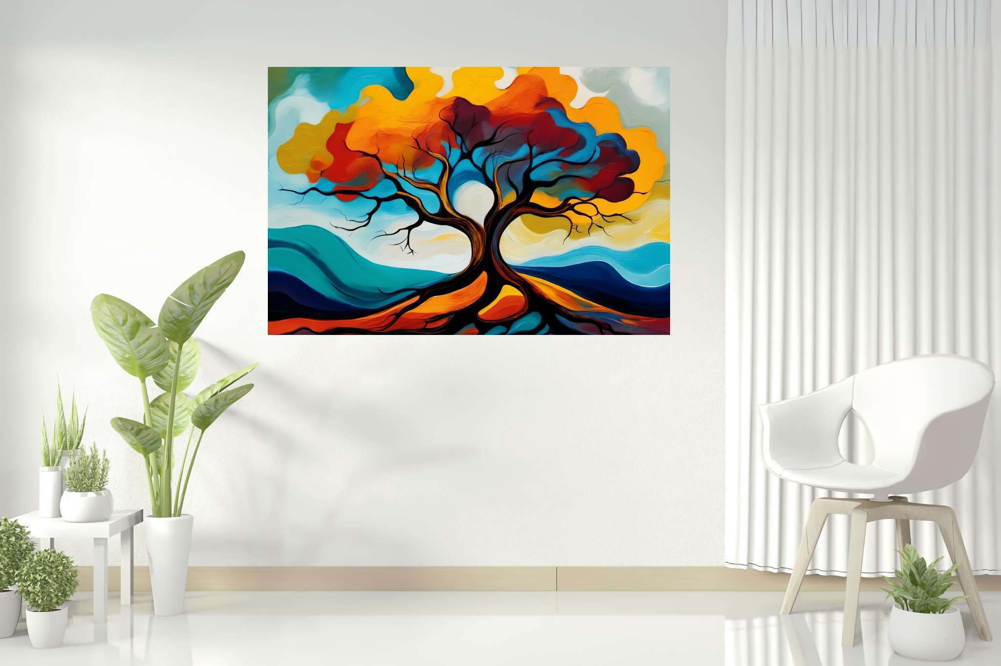 Cosmic arboreal symphony: Majestic tree art with tree paintings, in a room with artistic style, abstract paintings, and decorative pieces. The art can be printed on poster, framed poster, canvas, metal, acrylic or wood, exclusively at WallArtZen. Find this exact print at https://wallartzen.com/waz78