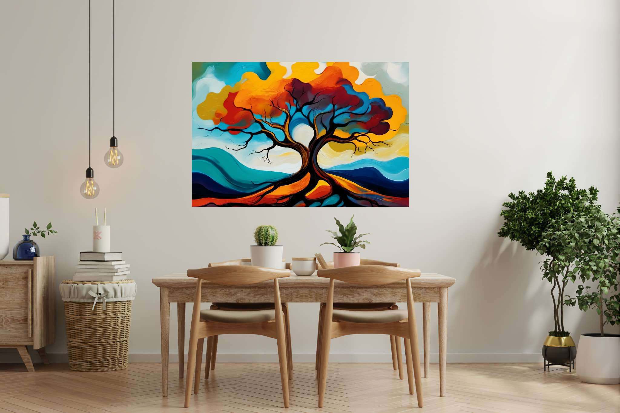 Cosmic arboreal symphony: Majestic tree art with forest-themed artwork, in a room with contemporary flair, photographic wall art, and stylish accessories. The art can be printed on poster, framed poster, canvas, metal, acrylic or wood, exclusively at WallArtZen. Find this exact print at https://wallartzen.com/waz78