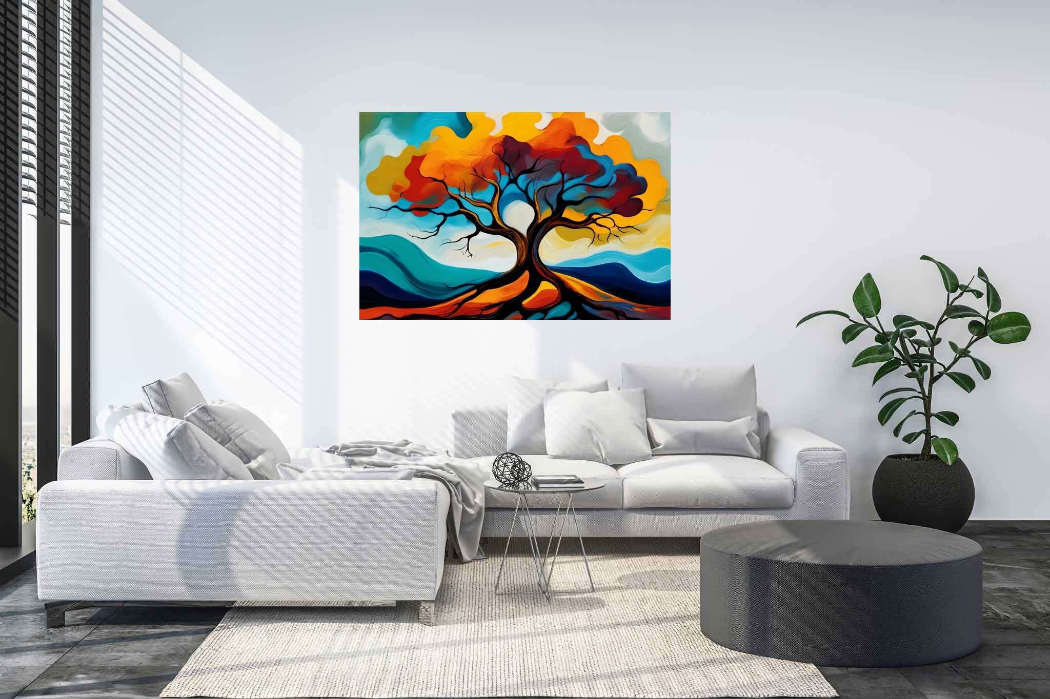 Cosmic arboreal symphony: Majestic tree art with majestic tree art, in a room with classic elegance, framed art, and elegant home goods. The art can be printed on poster, framed poster, canvas, metal, acrylic or wood, exclusively at WallArtZen. Find this exact print at https://wallartzen.com/waz78