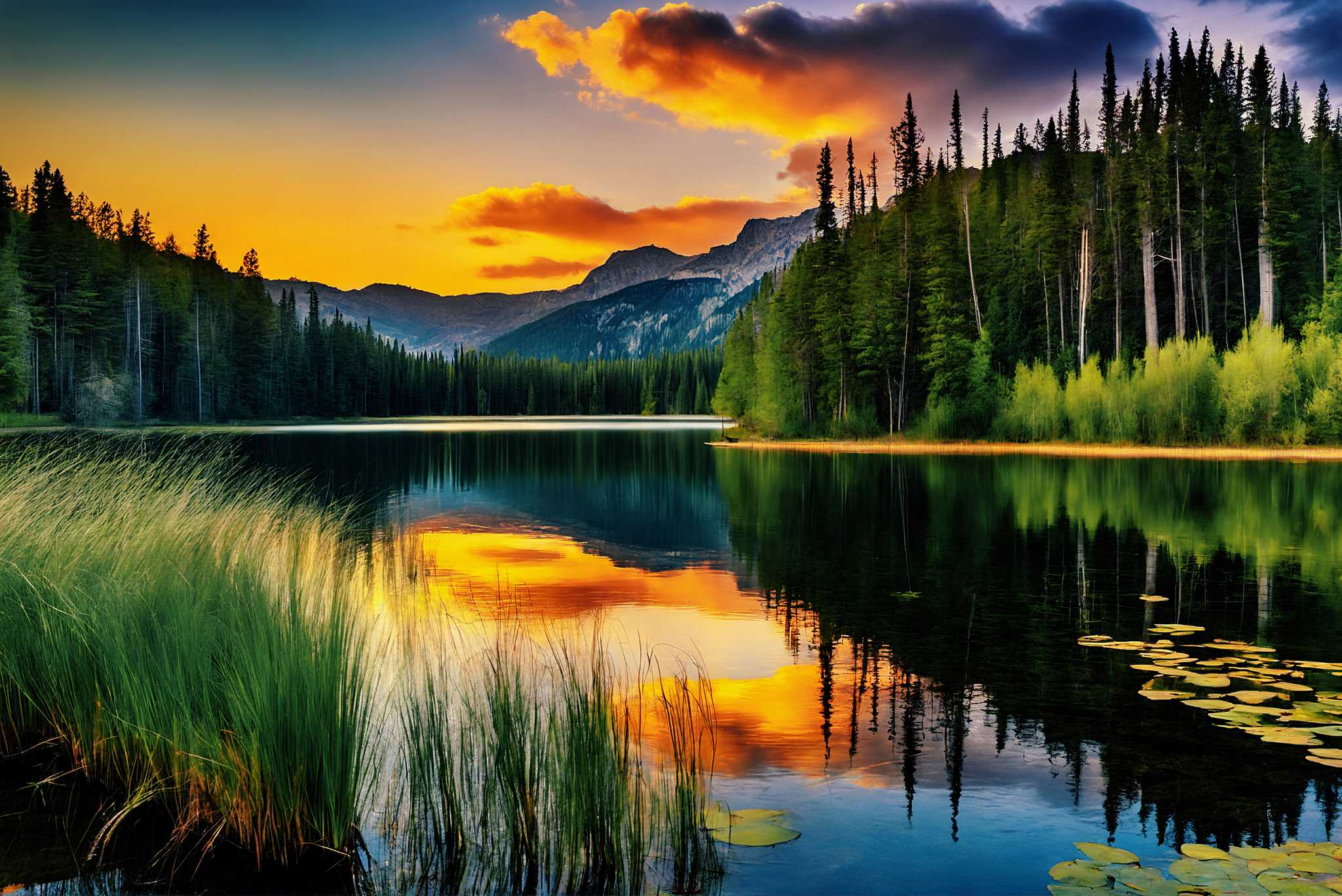 Twilight's mirror lake: Sunset lake art with landscape art prints, in a room with modern style, bespoke art designs, and home styling items. The art can be printed on poster, framed poster, canvas, metal, acrylic or wood, exclusively at WallArtZen. Find this exact print at https://wallartzen.com/waz7