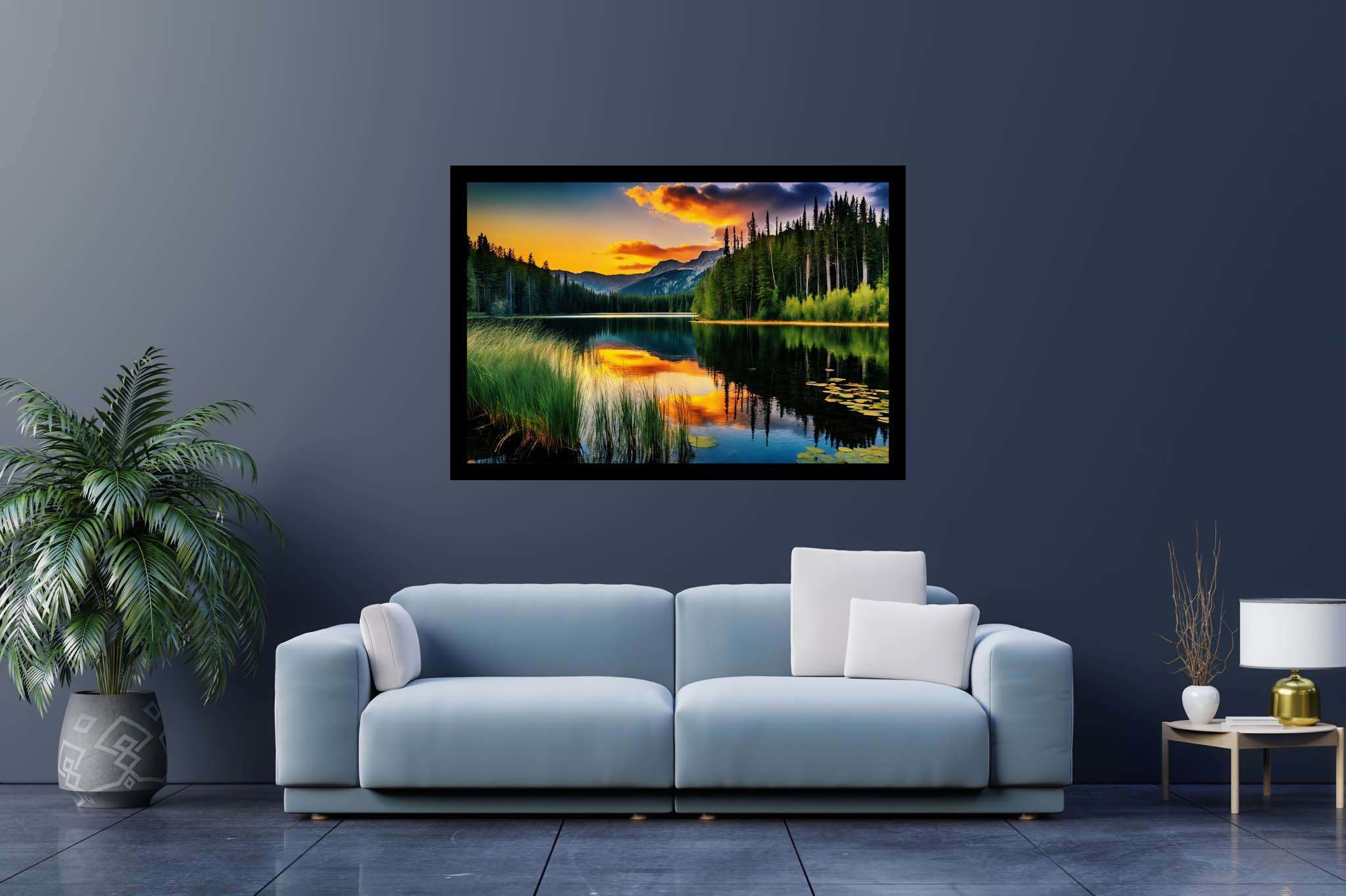 Twilight's mirror lake: Sunset lake art with tranquil nature scenes, in a room with elegant layout, canvas prints, and elegant home goods. The art can be printed on poster, framed poster, canvas, metal, acrylic or wood, exclusively at WallArtZen. Find this exact print at https://wallartzen.com/waz7