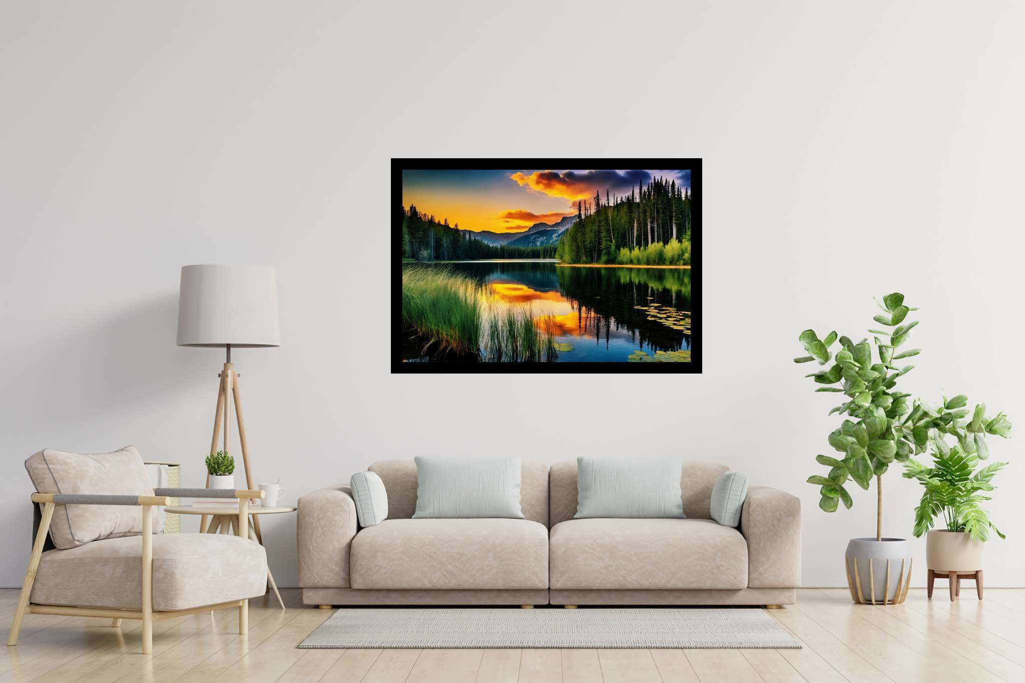 Twilight's mirror lake: Sunset lake art with peaceful art, in a room with minimalist approach, digital art pieces, and interior decorations. The art can be printed on poster, framed poster, canvas, metal, acrylic or wood, exclusively at WallArtZen. Find this exact print at https://wallartzen.com/waz7