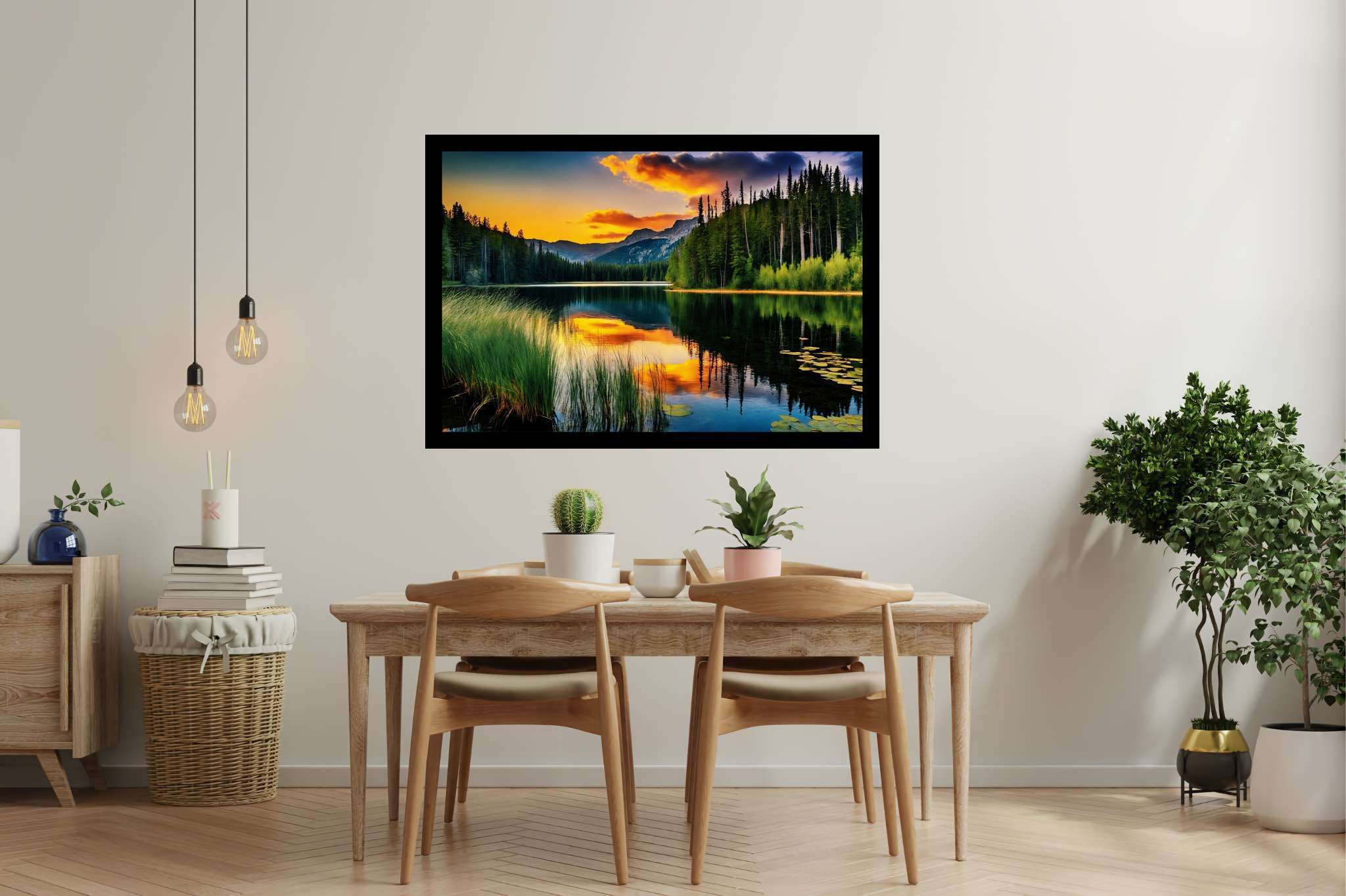 Twilight's mirror lake: Sunset lake art with scenic landscapes, in a room with great design, wall hangings, and trendy home accents. The art can be printed on poster, framed poster, canvas, metal, acrylic or wood, exclusively at WallArtZen. Find this exact print at https://wallartzen.com/waz7