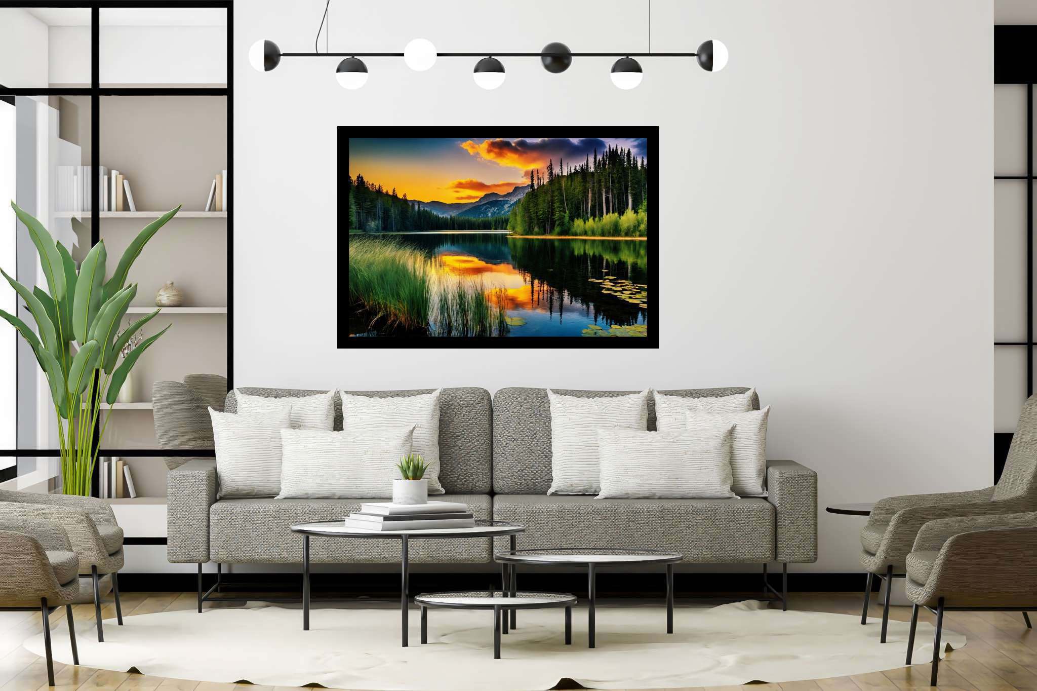 Twilight's mirror lake: Sunset lake art with vibrant sunset art, in a room with chic decor, bespoke art designs, and decorative pieces. The art can be printed on poster, framed poster, canvas, metal, acrylic or wood, exclusively at WallArtZen. Find this exact print at https://wallartzen.com/waz7