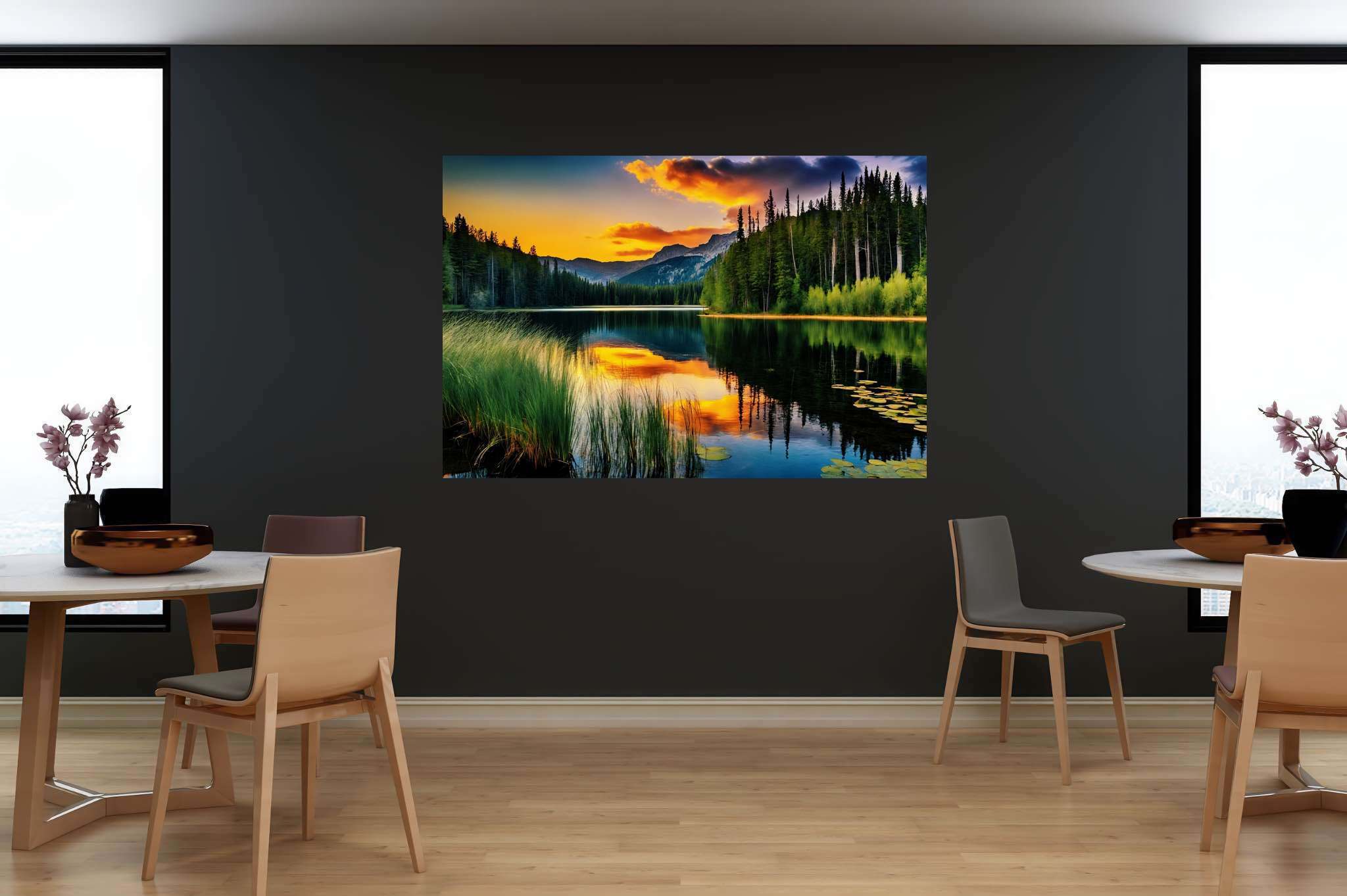Twilight's mirror lake: Sunset lake art with serene paintings, in a room with great design, fine art prints, and luxe decor. The art can be printed on poster, framed poster, canvas, metal, acrylic or wood, exclusively at WallArtZen. Find this exact print at https://wallartzen.com/waz7