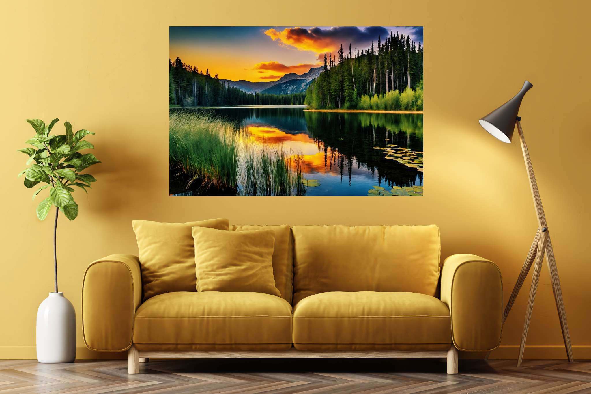 Twilight's mirror lake: Sunset lake art with colorful artwork, in a room with artistic style, canvas prints, and decorative pieces. The art can be printed on poster, framed poster, canvas, metal, acrylic or wood, exclusively at WallArtZen. Find this exact print at https://wallartzen.com/waz7