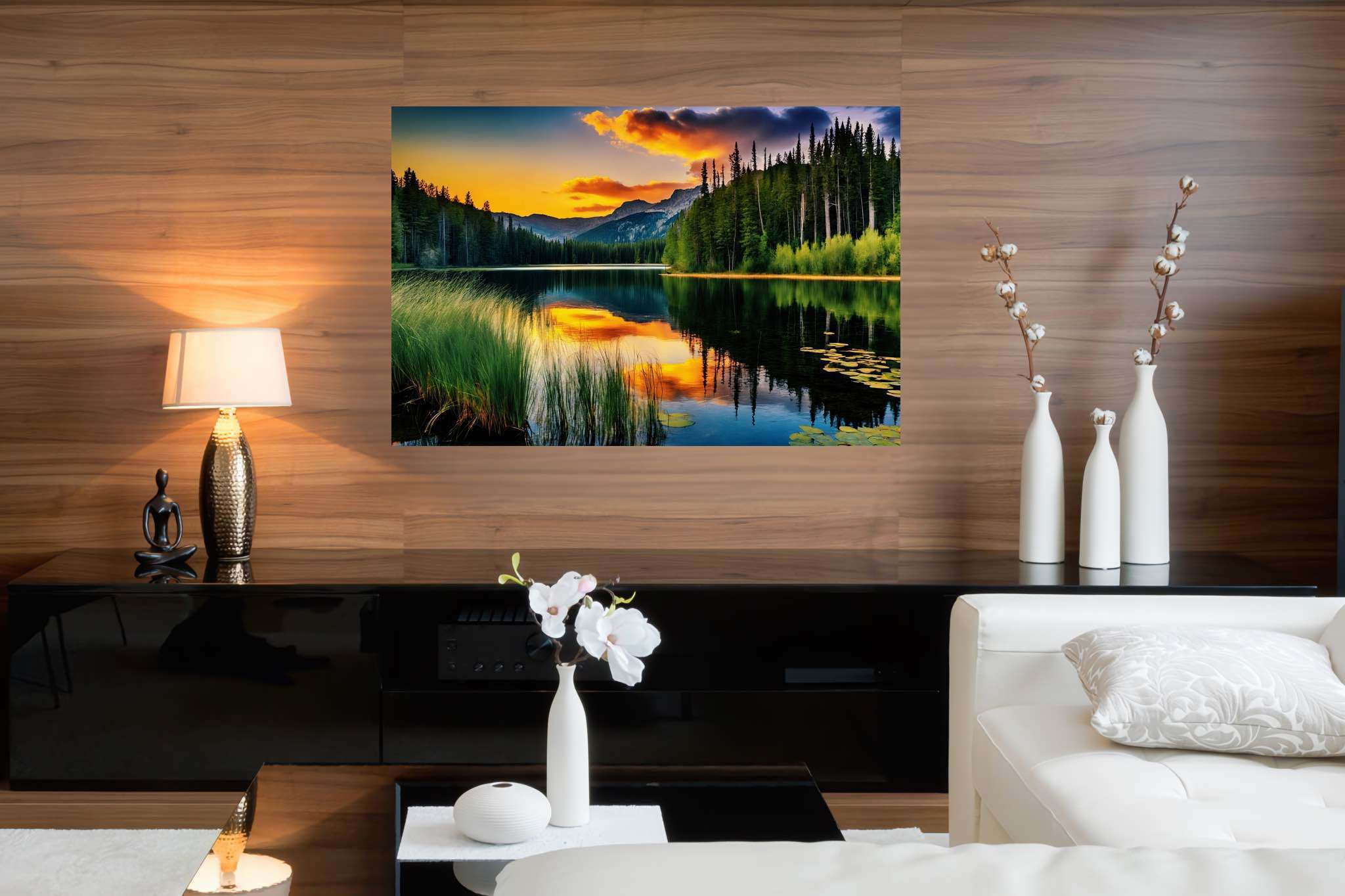 Twilight's mirror lake: Sunset lake art with landscape art prints, in a room with innovative layout, abstract paintings, and artisan decor. The art can be printed on poster, framed poster, canvas, metal, acrylic or wood, exclusively at WallArtZen. Find this exact print at https://wallartzen.com/waz7