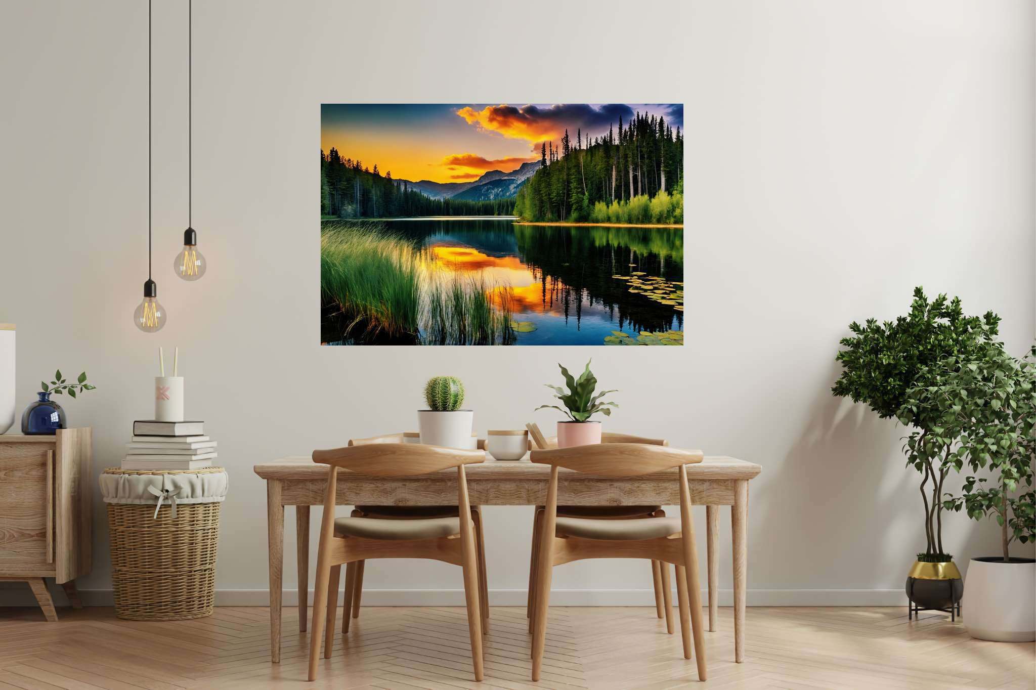 Twilight's mirror lake: Sunset lake art with contemporary nature art, in a room with minimalist approach, bespoke art designs, and interior decorations. The art can be printed on poster, framed poster, canvas, metal, acrylic or wood, exclusively at WallArtZen. Find this exact print at https://wallartzen.com/waz7