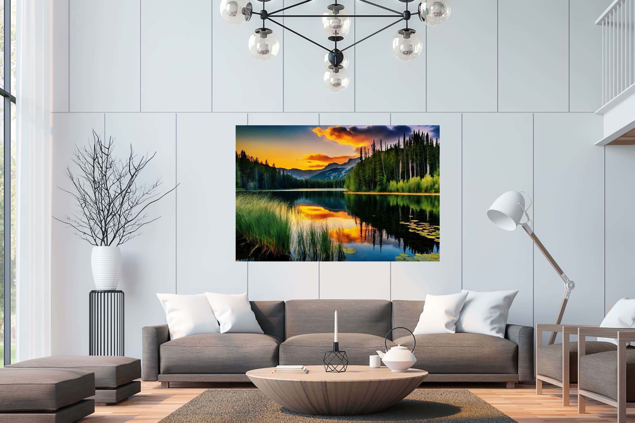 Twilight's mirror lake: Sunset lake art with abstract lake scenery, in a room with minimalist approach, mural artworks, and luxe decor. The art can be printed on poster, framed poster, canvas, metal, acrylic or wood, exclusively at WallArtZen. Find this exact print at https://wallartzen.com/waz7