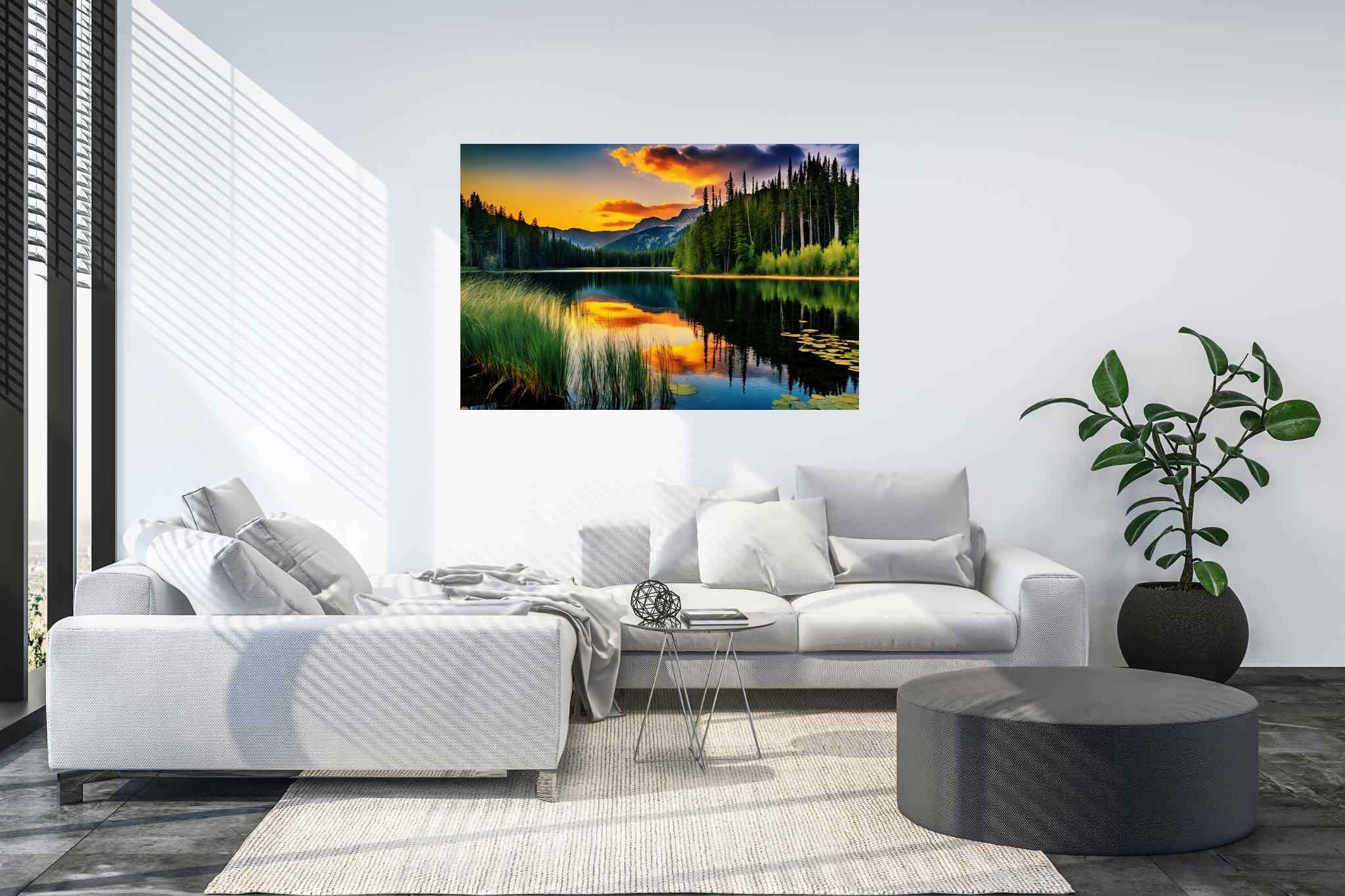 Twilight's mirror lake: Sunset lake art with peaceful art, in a room with minimalist approach, bespoke art designs, and interior decorations. The art can be printed on poster, framed poster, canvas, metal, acrylic or wood, exclusively at WallArtZen. Find this exact print at https://wallartzen.com/waz7