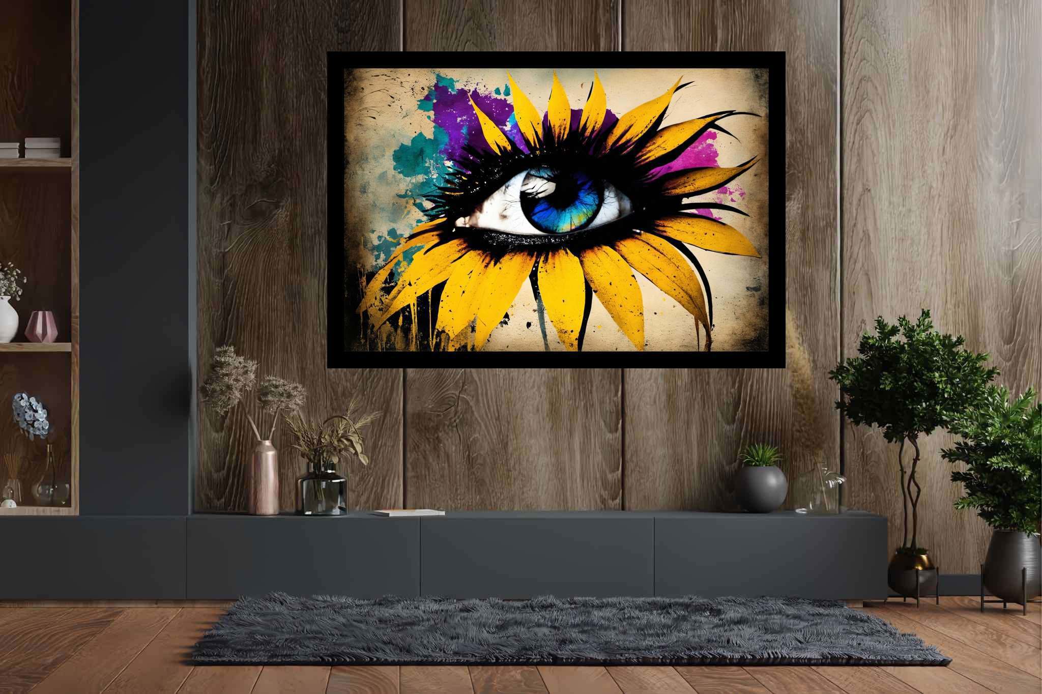 Sunflower gaze amidst azure dreams: Vibrant eye art with dynamic eye sculptures, in a room with urban design, gallery-quality artwork, and decorative pieces. The art can be printed on poster, framed poster, canvas, metal, acrylic or wood, exclusively at WallArtZen. Find this exact print at https://wallartzen.com/waz80