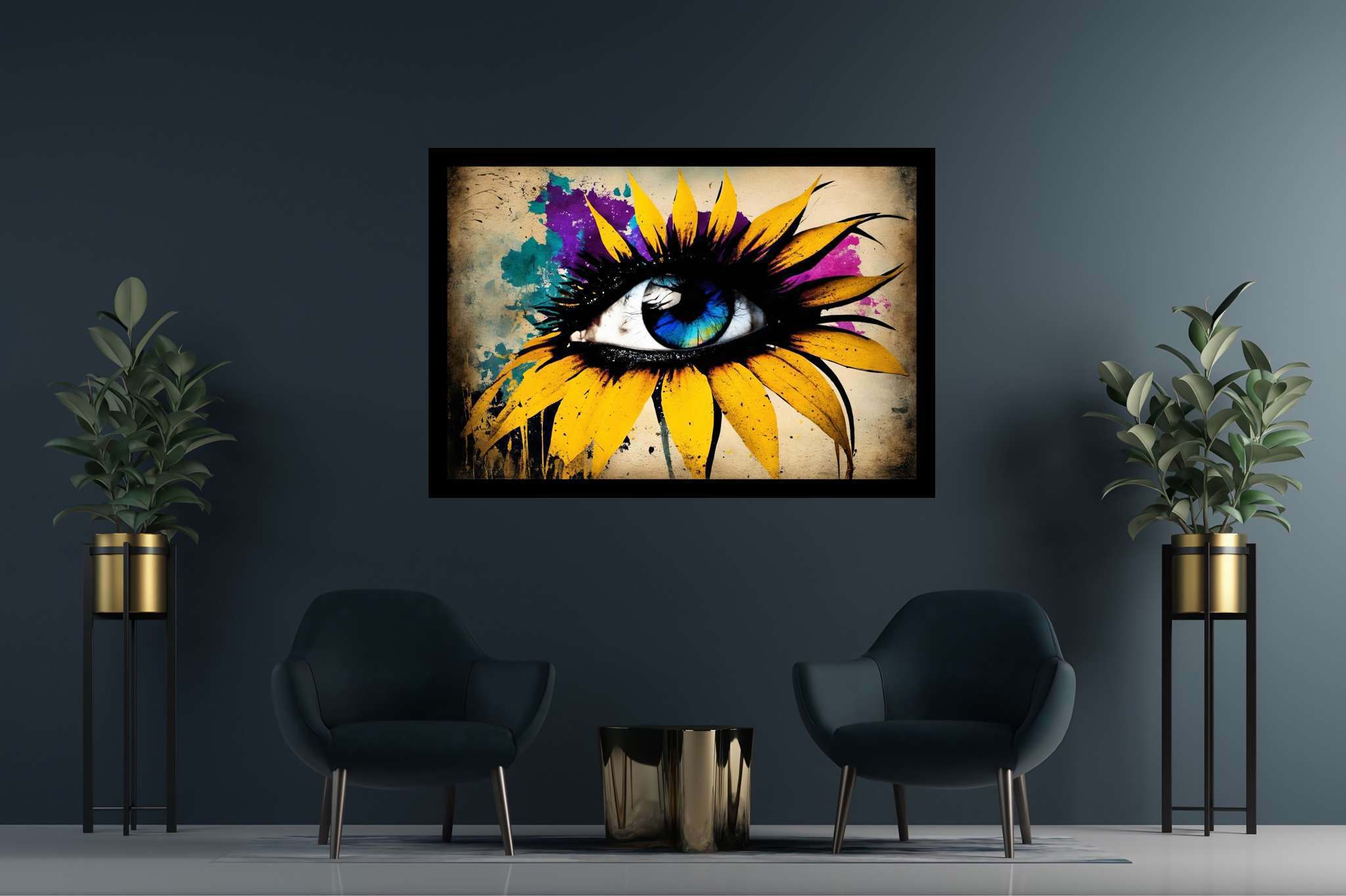Sunflower gaze amidst azure dreams: Vibrant eye art with captivating eye designs, in a room with chic decor, digital art pieces, and designer furniture. The art can be printed on poster, framed poster, canvas, metal, acrylic or wood, exclusively at WallArtZen. Find this exact print at https://wallartzen.com/waz80