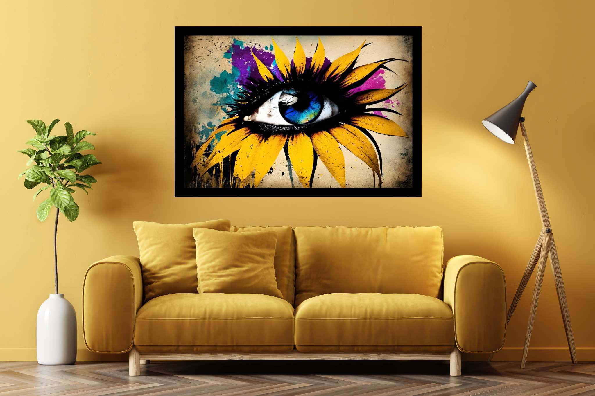 Sunflower gaze amidst azure dreams: Vibrant eye art with energetic eye drawings, in a room with contemporary flair, abstract paintings, and stylish accessories. The art can be printed on poster, framed poster, canvas, metal, acrylic or wood, exclusively at WallArtZen. Find this exact print at https://wallartzen.com/waz80